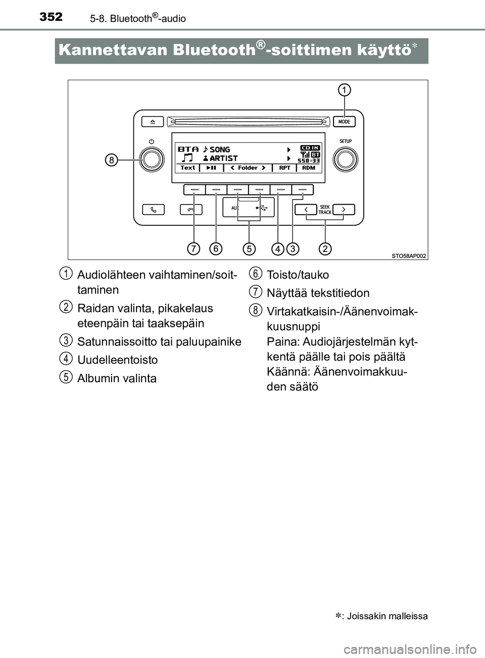 TOYOTA YARIS 2019  Omistajan Käsikirja (in Finnish) 3525-8. Bluetooth®-audio
YARIS_F_OM_Europe_OM52K19FI
Kannettavan Bluetooth®-soittimen käyttö
: Joissakin malleissa
Audiolähteen vaihtaminen/soit-
taminen
Raidan valinta, pikakelaus 
eteenp