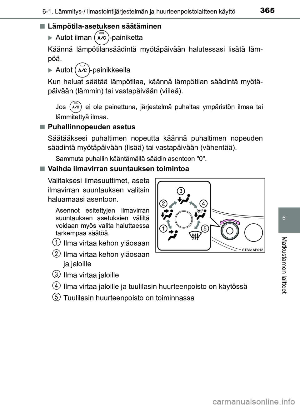 TOYOTA YARIS 2019 Omistajan Käsikirja (in Finnish) 3656-1. Lämmitys-/ ilmastointijärjestelmän ja huurteenpoistolaitteen käyttö
6
Matkustamon laitteet
YARIS_F_OM_Europe_OM52K19FIn
Lämpötila-asetuksen säätäminen
Autot ilman -painiketta
Kä TOYOTA YARIS 2019 Omistajan Käsikirja (in Finnish) 3656-1. Lämmitys-/ ilmastointijärjestelmän ja huurteenpoistolaitteen käyttö
6
Matkustamon laitteet
YARIS_F_OM_Europe_OM52K19FIn
Lämpötila-asetuksen säätäminen
Autot ilman -painiketta
Kä