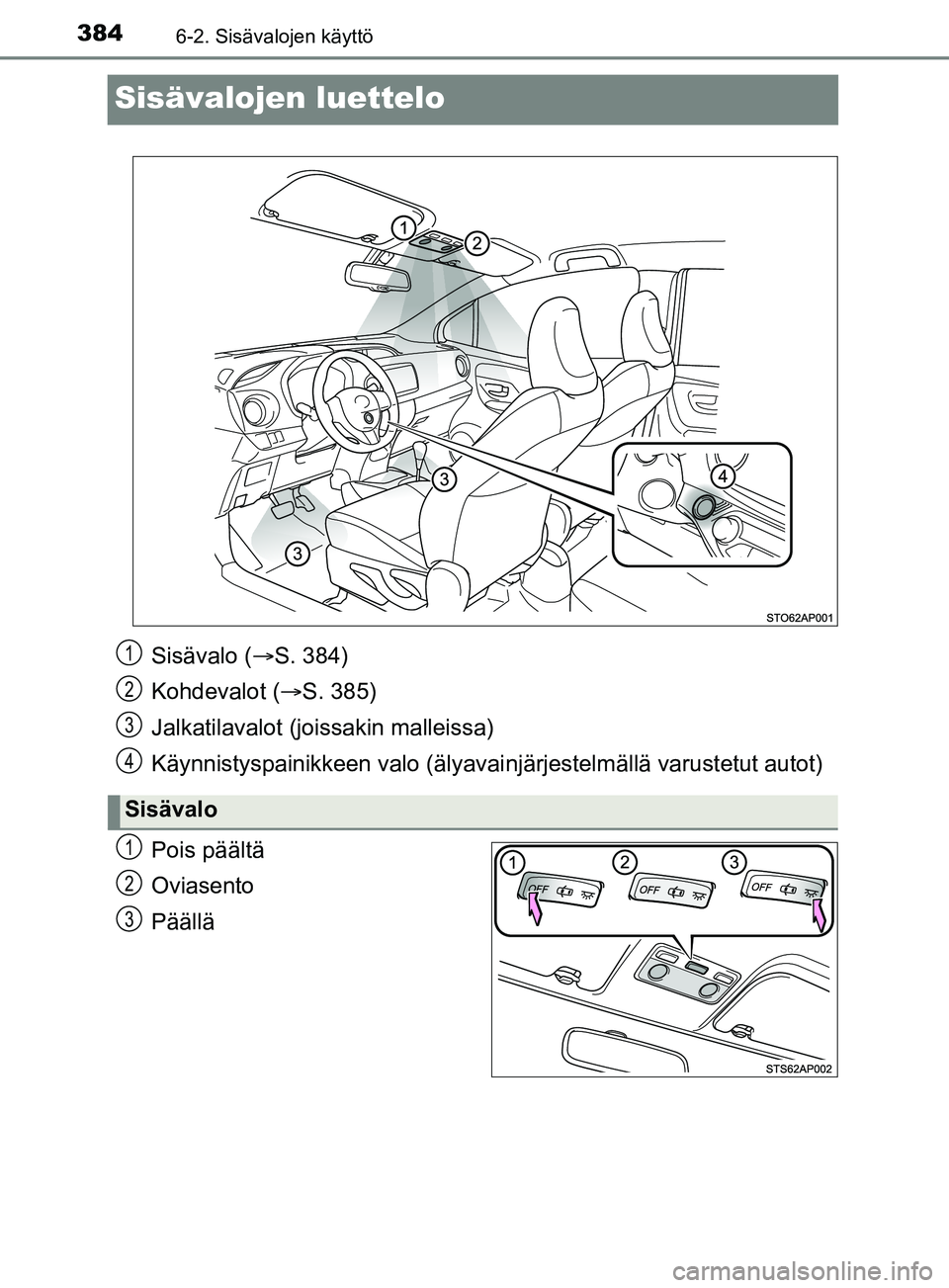 TOYOTA YARIS 2019  Omistajan Käsikirja (in Finnish) 3846-2. Sisävalojen käyttö
YARIS_F_OM_Europe_OM52K19FI
Sisävalojen luettelo
Pois päältä
Oviasento
Päällä
Sisävalo (S. 384)
Kohdevalot ( S. 385)
Jalkatilavalot (joi ssakin malleissa)
K