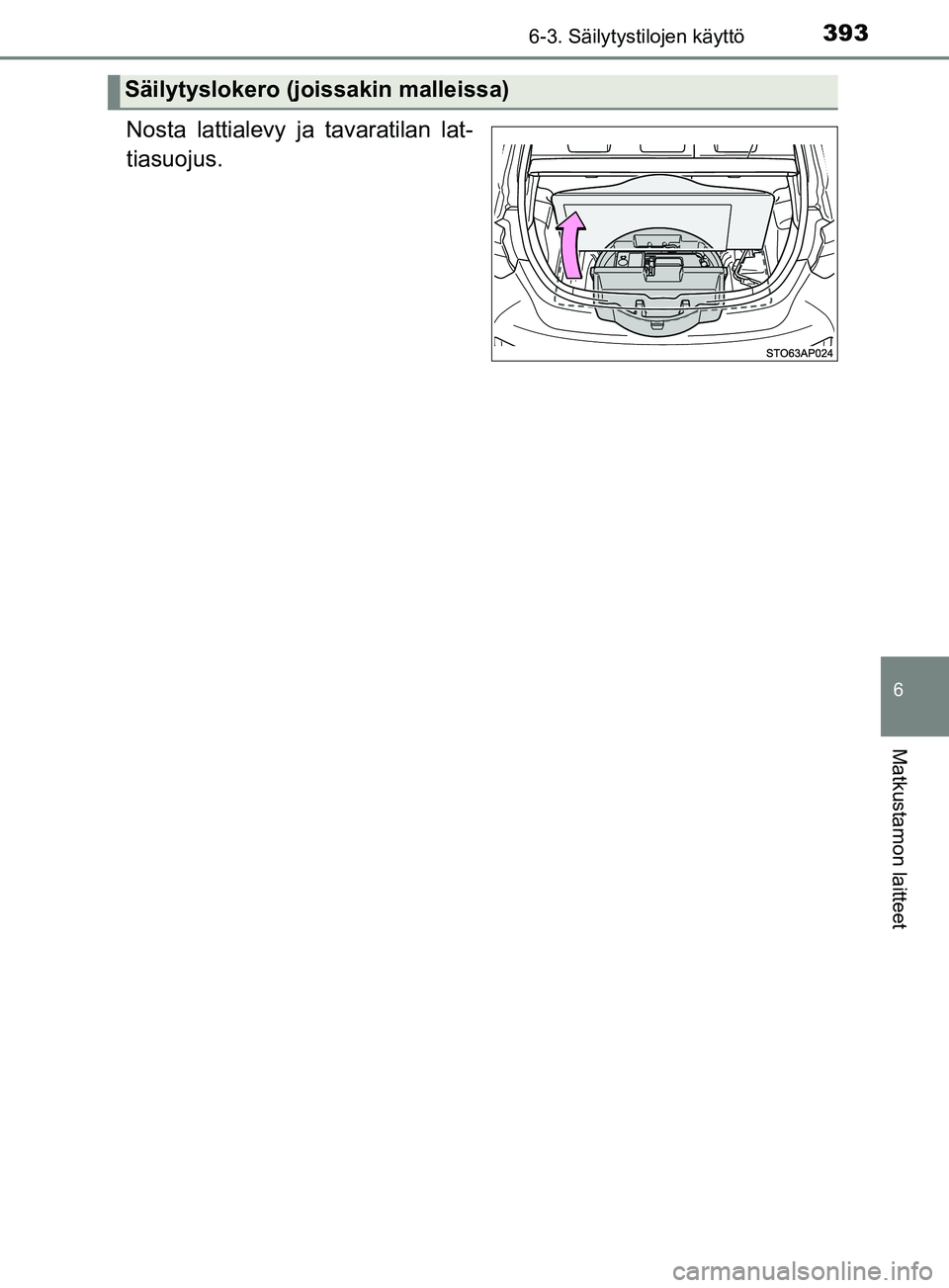 TOYOTA YARIS 2019  Omistajan Käsikirja (in Finnish) 3936-3. Säilytystilojen käyttö
6
Matkustamon laitteet
YARIS_F_OM_Europe_OM52K19FI
Nosta lattialevy ja tavaratilan lat-
tiasuojus.
Säilytyslokero (joissakin malleissa)
OM52K19FI.book  Page 393  Thu