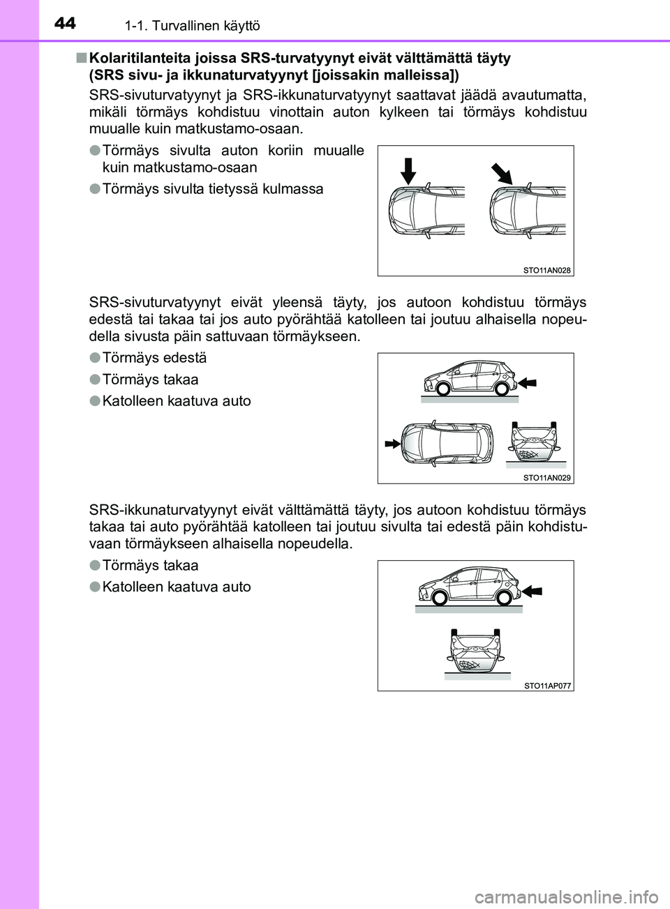 TOYOTA YARIS 2019  Omistajan Käsikirja (in Finnish) 441-1. Turvallinen käyttö
YARIS_F_OM_Europe_OM52K19FIn
Kolaritilanteita joissa SRS-tur vatyynyt eivät välttämättä täyty 
(SRS sivu- ja ikkunaturvatyynyt [joissakin malleissa])
SRS-sivuturvatyy