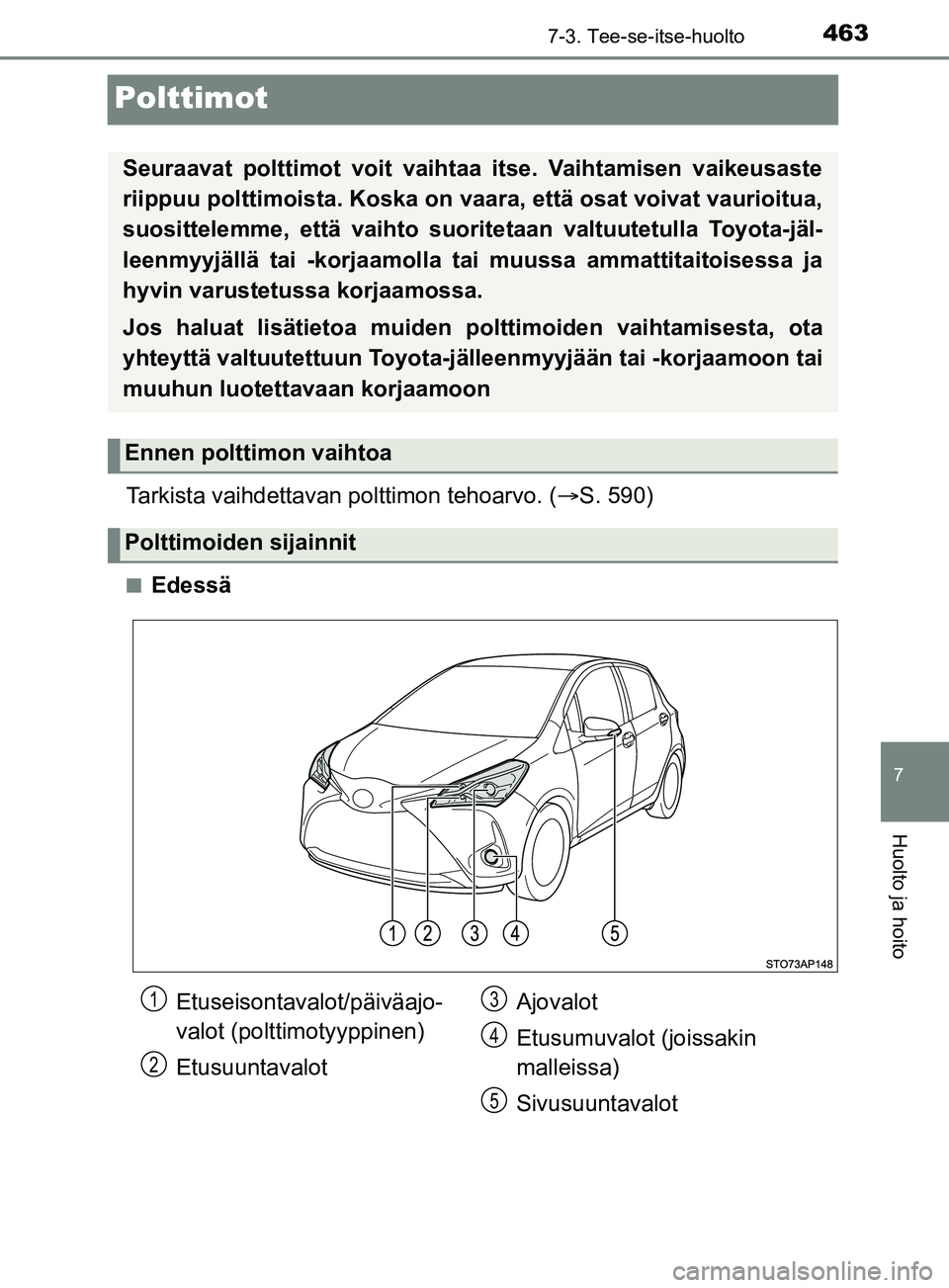 TOYOTA YARIS 2019  Omistajan Käsikirja (in Finnish) 4637-3. Tee-se-itse-huolto
7
Huolto ja hoito
YARIS_F_OM_Europe_OM52K19FI
Polttimot
Tarkista vaihdettavan polttimon tehoarvo. (S. 590)
nEdessä
Seuraavat polttimot voit vaihtaa itse. Vaihtamisen vai