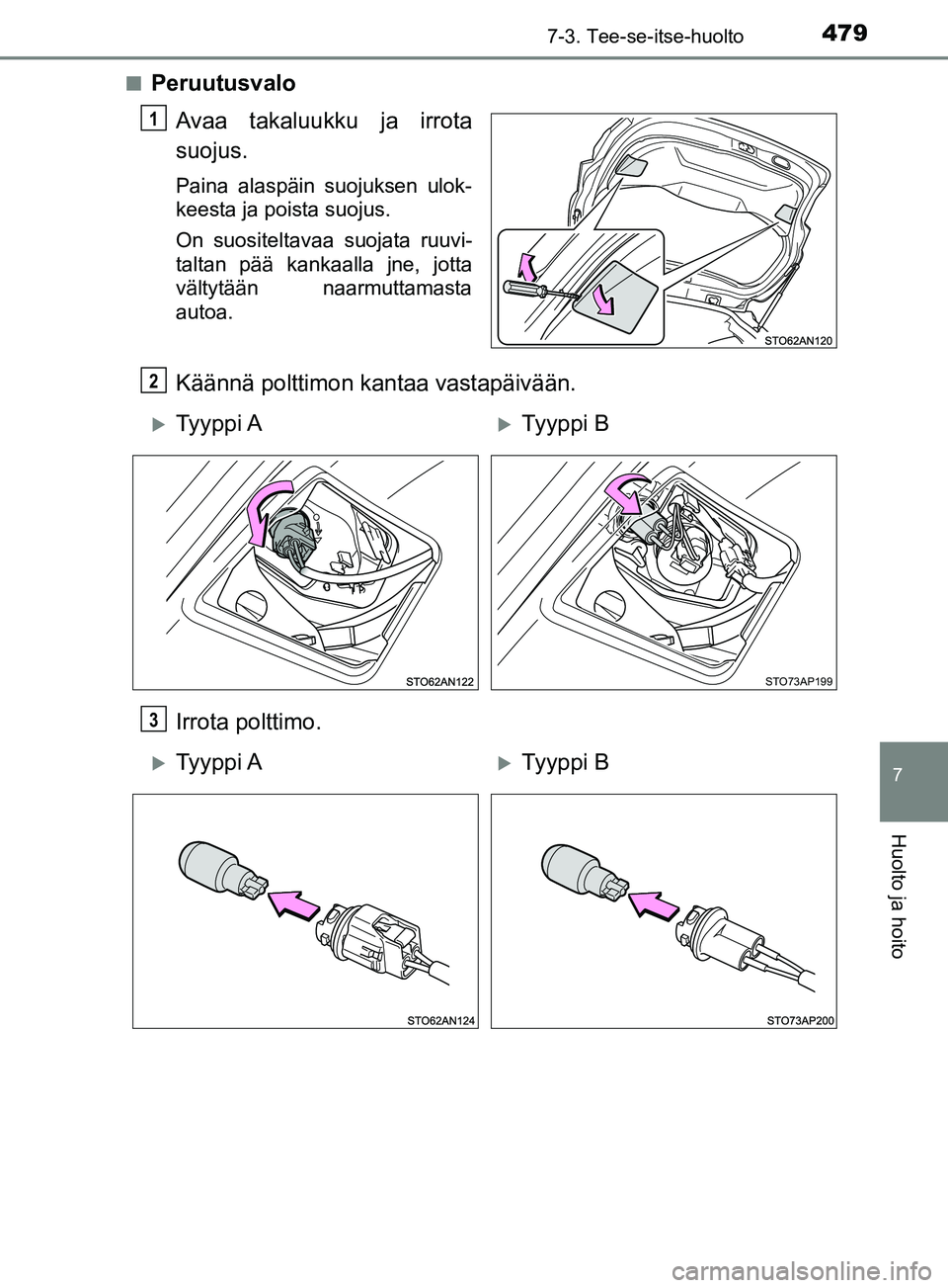 TOYOTA YARIS 2019  Omistajan Käsikirja (in Finnish) 4797-3. Tee-se-itse-huolto
7
Huolto ja hoito
YARIS_F_OM_Europe_OM52K19FIn
Peruutusvalo
Avaa takaluukku ja irrota
suojus.
Paina alaspäin suojuksen ulok-
keesta ja poista suojus.
On suositeltavaa suoja