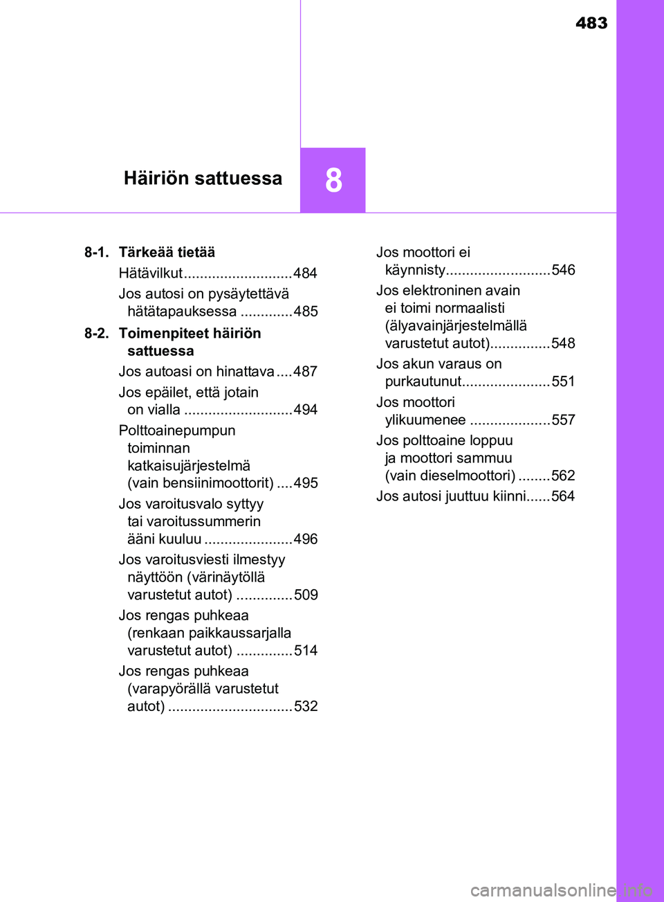 TOYOTA YARIS 2019 Omistajan Käsikirja (in Finnish) 483
8Häiriön sattuessa
YARIS_F_OM_Europe_OM52K19FI8-1. Tärkeää tietää
Hätävilkut ........................... 484
Jos autosi on pysäytettävä hätätapauksessa ............. 485
8-2. Toimenp TOYOTA YARIS 2019 Omistajan Käsikirja (in Finnish) 483
8Häiriön sattuessa
YARIS_F_OM_Europe_OM52K19FI8-1. Tärkeää tietää
Hätävilkut ........................... 484
Jos autosi on pysäytettävä hätätapauksessa ............. 485
8-2. Toimenp