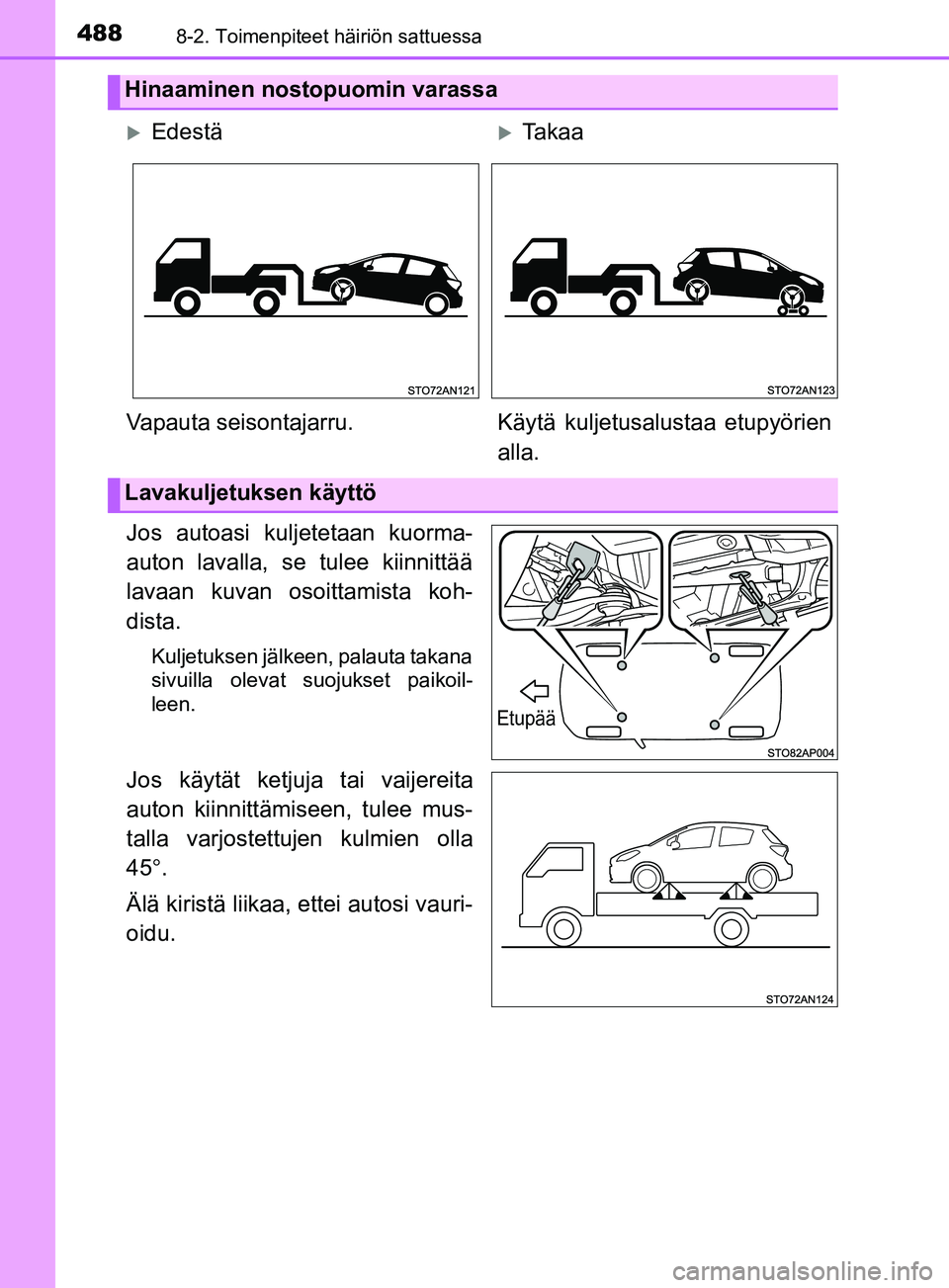 TOYOTA YARIS 2019  Omistajan Käsikirja (in Finnish) 4888-2. Toimenpiteet häiriön sattuessa
YARIS_F_OM_Europe_OM52K19FI
Jos autoasi kuljetetaan kuorma-
auton lavalla, se tulee kiinnittää
lavaan kuvan osoittamista koh-
dista.
Kuljetuksen jälkeen, pa