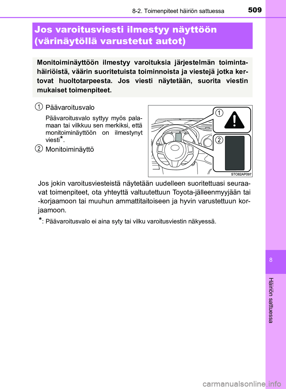 TOYOTA YARIS 2019  Omistajan Käsikirja (in Finnish) 5098-2. Toimenpiteet häiriön sattuessa
8
Häiriön sattuessa
YARIS_F_OM_Europe_OM52K19FI
Jos varoitusviesti ilmestyy näyttöön 
(värinäytöllä va rustetut autot)
Päävaroitusvalo
Päävaroitus