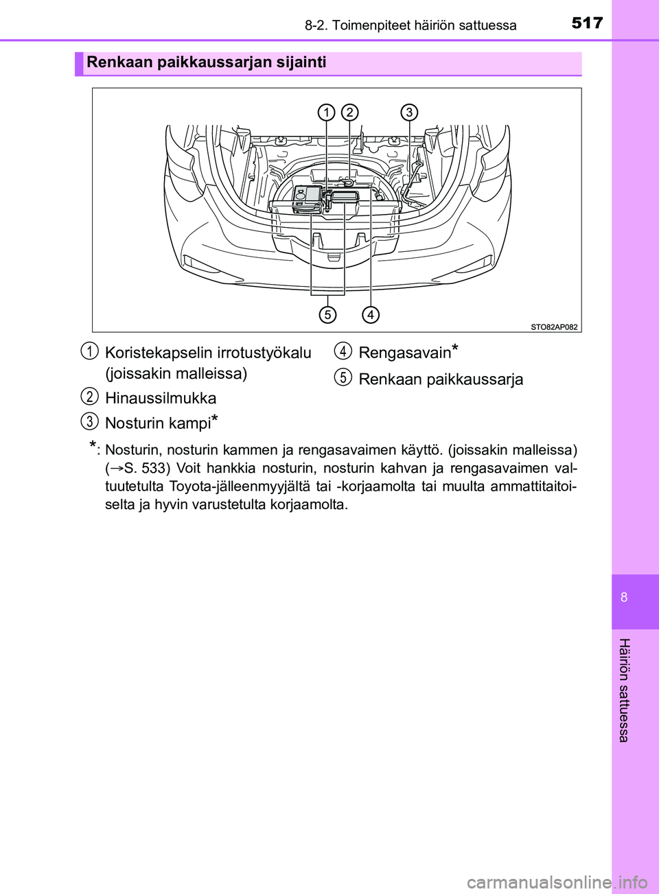 TOYOTA YARIS 2019  Omistajan Käsikirja (in Finnish) 5178-2. Toimenpiteet häiriön sattuessa
8
Häiriön sattuessa
YARIS_F_OM_Europe_OM52K19FI
*: Nosturin, nosturin kammen ja rengasavaimen käyttö. (joissakin malleissa)(S. 533) Voit hankkia nosturi