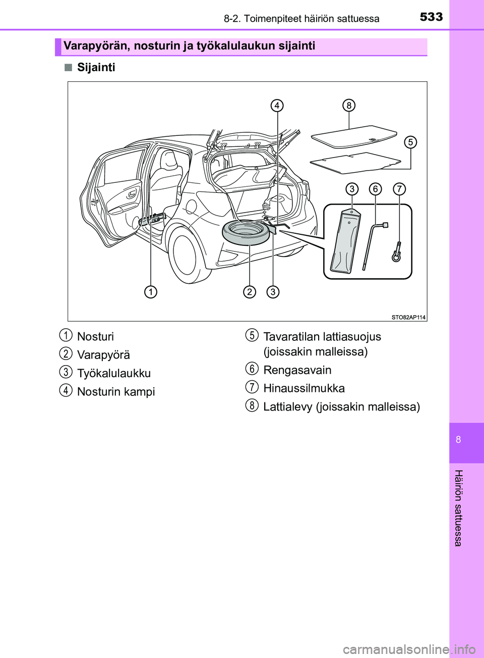 TOYOTA YARIS 2019  Omistajan Käsikirja (in Finnish) 5338-2. Toimenpiteet häiriön sattuessa
8
Häiriön sattuessa
YARIS_F_OM_Europe_OM52K19FIn
Sijainti
Varapyörän, nosturin ja työkalulaukun sijainti
Nosturi
Varapyörä
Työkalulaukku
Nosturin kampi