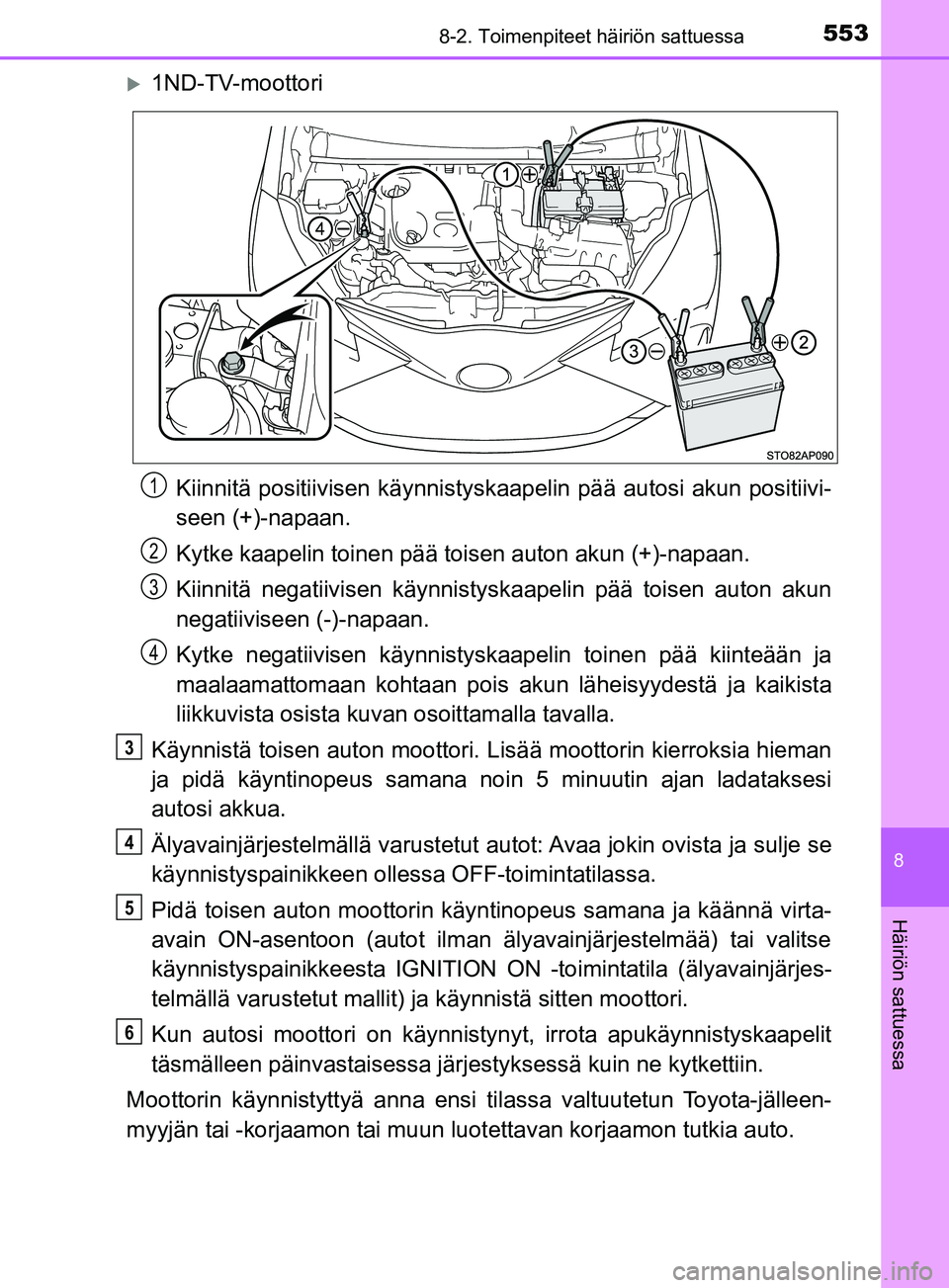 TOYOTA YARIS 2019 Omistajan Käsikirja (in Finnish) 5538-2. Toimenpiteet häiriön sattuessa
8
Häiriön sattuessa
YARIS_F_OM_Europe_OM52K19FI
1ND-TV-moottoriKiinnitä positiivisen kä ynnistyskaapelin pää autosi akun positiivi-
seen (+)-napaan.
K TOYOTA YARIS 2019 Omistajan Käsikirja (in Finnish) 5538-2. Toimenpiteet häiriön sattuessa
8
Häiriön sattuessa
YARIS_F_OM_Europe_OM52K19FI
1ND-TV-moottoriKiinnitä positiivisen kä ynnistyskaapelin pää autosi akun positiivi-
seen (+)-napaan.
K