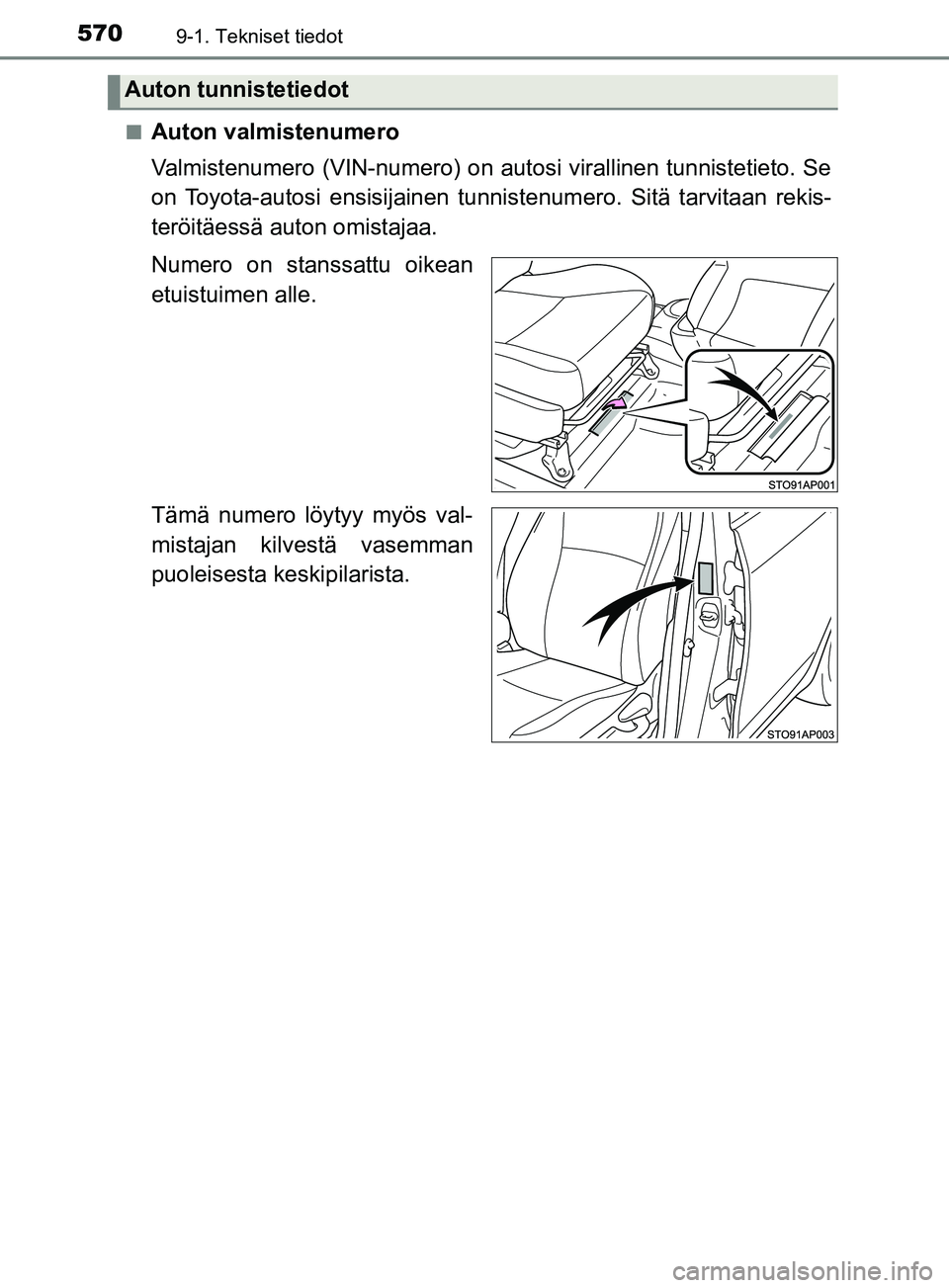 TOYOTA YARIS 2019  Omistajan Käsikirja (in Finnish) 5709-1. Tekniset tiedot
YARIS_F_OM_Europe_OM52K19FIn
Auton valmistenumero
Valmistenumero (VIN-numero) on autosi virallinen tunnistetieto. Se
on Toyota-autosi ensisijainen tunni
stenumero. Sitä tarvit