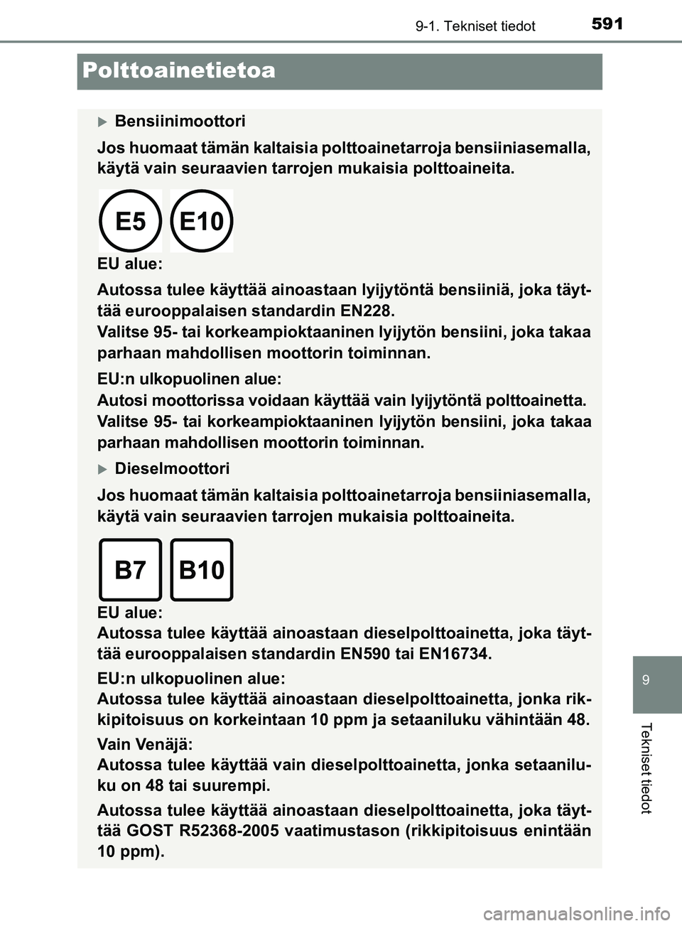 TOYOTA YARIS 2019 Omistajan Käsikirja (in Finnish) 5919-1. Tekniset tiedot
9
Tekniset tiedot
YARIS_F_OM_Europe_OM52K19FI
Polttoainetietoa
Bensiinimoottori
Jos huomaat tämän kaltaisia polttoainetarroja bensiiniasemalla,
käytä vain seuraavien tar TOYOTA YARIS 2019 Omistajan Käsikirja (in Finnish) 5919-1. Tekniset tiedot
9
Tekniset tiedot
YARIS_F_OM_Europe_OM52K19FI
Polttoainetietoa
Bensiinimoottori
Jos huomaat tämän kaltaisia polttoainetarroja bensiiniasemalla,
käytä vain seuraavien tar