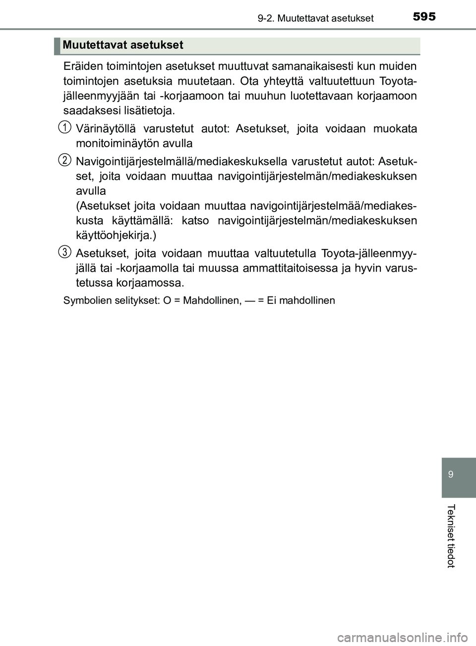 TOYOTA YARIS 2019  Omistajan Käsikirja (in Finnish) 5959-2. Muutettavat asetukset
9
Tekniset tiedot
YARIS_F_OM_Europe_OM52K19FI
Eräiden toimintojen asetukset muuttuvat samanaikaisesti kun muiden
toimintojen asetuksia muutetaan. Ota yhteyttä valtuutet