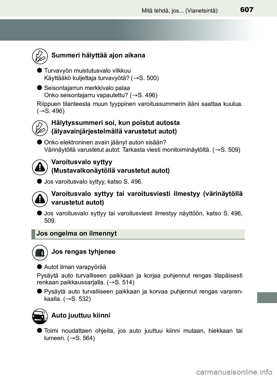 TOYOTA YARIS 2019  Omistajan Käsikirja (in Finnish) 607Mitä tehdä, jos... (Vianetsintä)
YARIS_F_OM_Europe_OM52K19FI
lTurvavyön muistutusvalo vilkkuu 
Käyttääkö kuljettaja turvavyötä? (S. 500)
lSeisontajarrun merkkivalo palaa 
Onko seisonta