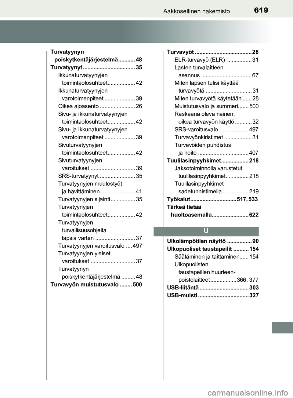 TOYOTA YARIS 2019 Omistajan Käsikirja (in Finnish) 619Aakkosellinen hakemisto
YARIS_F_OM_Europe_OM52K19FI
Turvatyynyn poiskytkentäjärjestelmä ........... 48
Turvatyynyt .................................. 35 Ikkunaturvatyynyjen toimintaolosuhteet... TOYOTA YARIS 2019 Omistajan Käsikirja (in Finnish) 619Aakkosellinen hakemisto
YARIS_F_OM_Europe_OM52K19FI
Turvatyynyn poiskytkentäjärjestelmä ........... 48
Turvatyynyt .................................. 35 Ikkunaturvatyynyjen toimintaolosuhteet...
