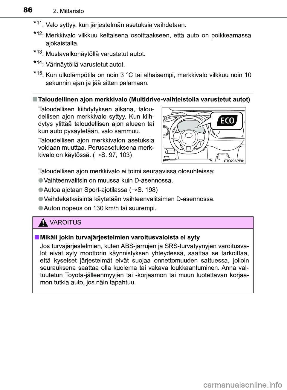 TOYOTA YARIS 2019 Omistajan Käsikirja (in Finnish) 862. Mittaristo
YARIS_F_OM_Europe_OM52K19FI
*11: Valo syttyy, kun järjestelmän asetuksia vaihdetaan.
*12: Merkkivalo vilkkuu keltaisena osoittaakseen, että auto on poikkeamassaajokaistalta.
*13: Mu TOYOTA YARIS 2019 Omistajan Käsikirja (in Finnish) 862. Mittaristo
YARIS_F_OM_Europe_OM52K19FI
*11: Valo syttyy, kun järjestelmän asetuksia vaihdetaan.
*12: Merkkivalo vilkkuu keltaisena osoittaakseen, että auto on poikkeamassaajokaistalta.
*13: Mu