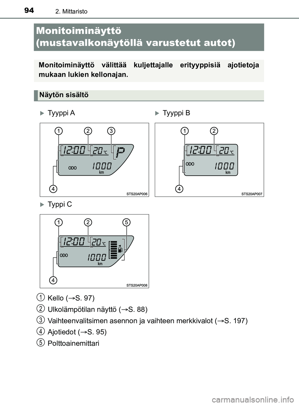 TOYOTA YARIS 2019  Omistajan Käsikirja (in Finnish) 942. Mittaristo
YARIS_F_OM_Europe_OM52K19FI
Monitoiminäyttö 
(mustavalkonäytöllä varustetut autot)
Kello (S. 97)
Ulkolämpötilan näyttö ( S. 88)
Vaihteenvalitsimen asennon ja vaihteen me
