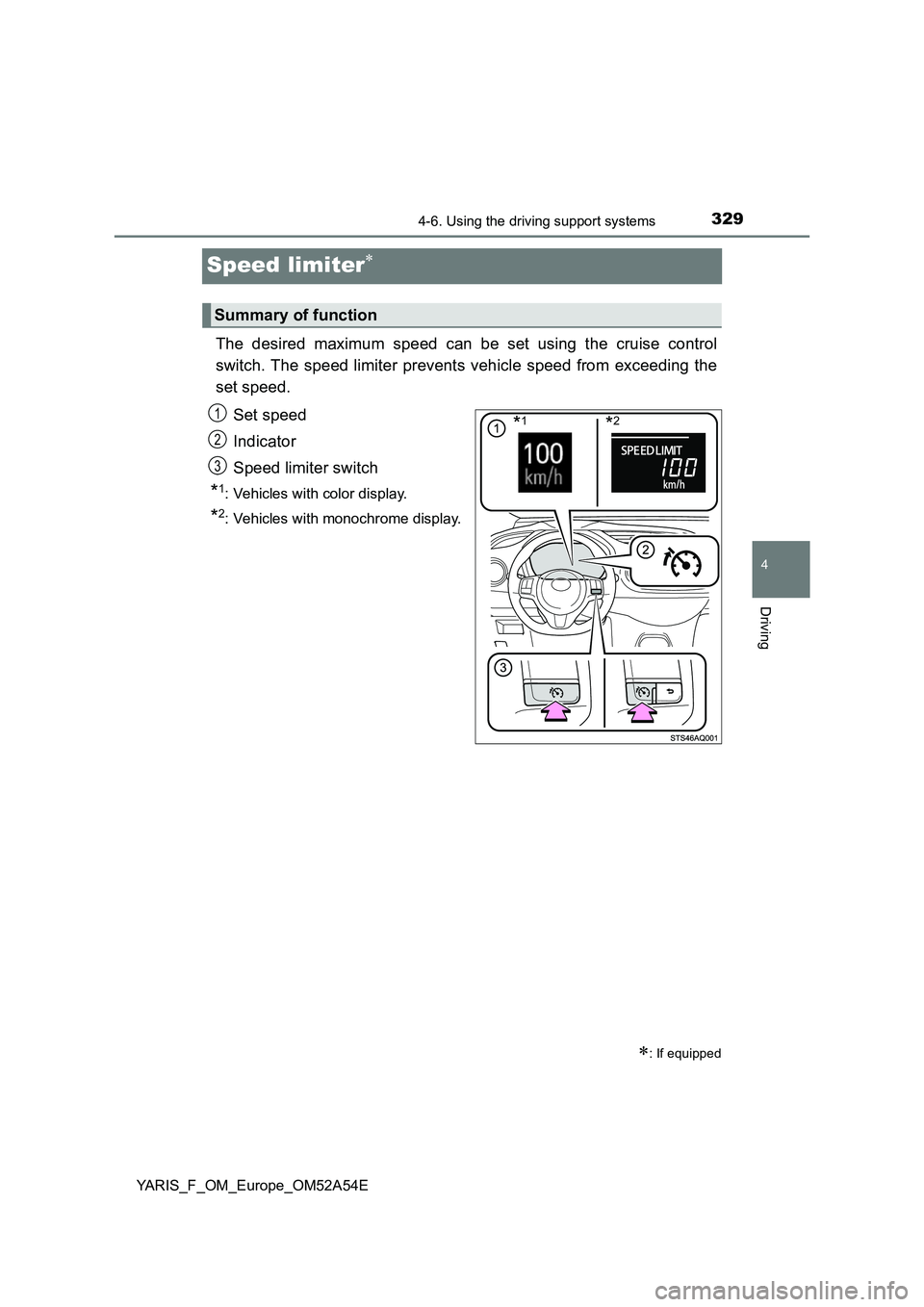 TOYOTA YARIS 2020  Owners Manual 329
4
4-6. Using the driving support systems
Driving
YARIS_F_OM_Europe_OM52A54E
Speed limiter
The desired maximum speed can be set using the cruise control 
switch. The speed limiter prevents vehic