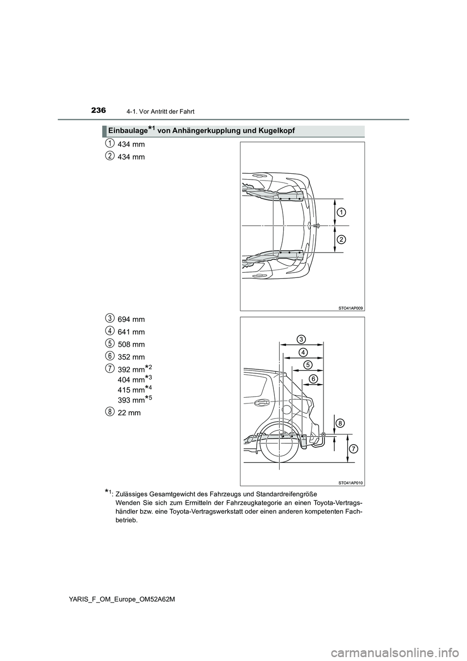 TOYOTA YARIS 2020  Betriebsanleitungen (in German) 2364-1. Vor Antritt der Fahrt
YARIS_F_OM_Europe_OM52A62M
434 mm
434 mm
694 mm
641 mm
508 mm
352 mm
392 mm
*2
404 mm*3
415 mm*4
393 mm*5
22 mm
*1: Zulässiges Gesamtgewicht des Fahrzeugs und Standardre