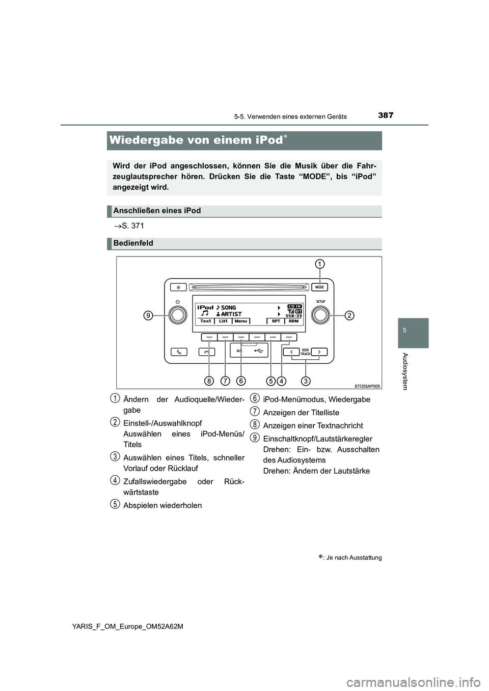 TOYOTA YARIS 2020  Betriebsanleitungen (in German) 387
5
5-5. Verwenden eines externen Geräts
Audiosystem
YARIS_F_OM_Europe_OM52A62M
Wiedergabe von einem iPod
S. 371
: Je nach Ausstattung
Wird der iPod angeschlossen, können Sie die Musik ü