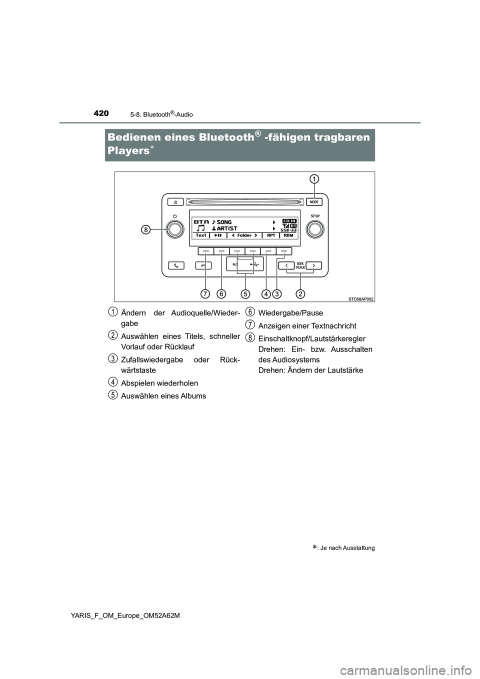 TOYOTA YARIS 2020  Betriebsanleitungen (in German) 4205-8. Bluetooth®-Audio
YARIS_F_OM_Europe_OM52A62M
Bedienen eines Bluetooth® -fähigen tragbaren 
Players

: Je nach Ausstattung
Ändern der Audioquelle/Wieder-
gabe
Auswählen eines Titels, 