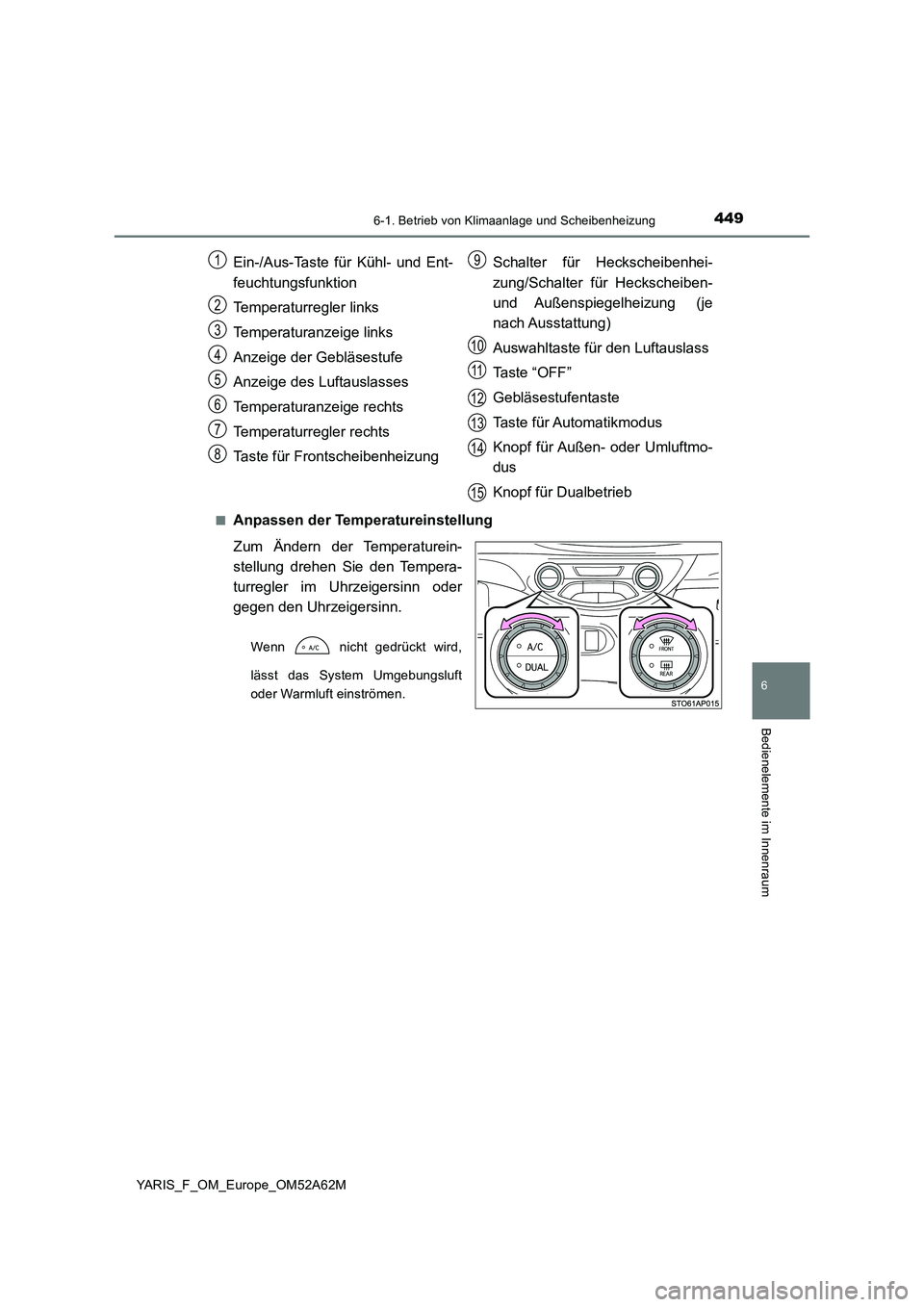 TOYOTA YARIS 2020  Betriebsanleitungen (in German) 4496-1. Betrieb von Klimaanlage und Scheibenheizung
6
Bedienelemente im Innenraum
YARIS_F_OM_Europe_OM52A62M 
■Anpassen der Temperatureinstellung 
Zum Ändern der Temperaturein- 
stellung drehen Sie