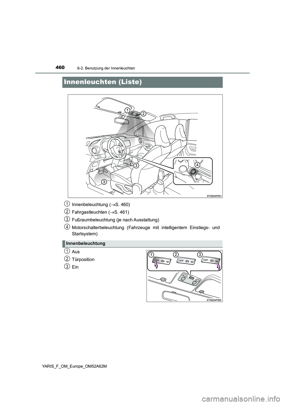 TOYOTA YARIS 2020  Betriebsanleitungen (in German) 4606-2. Benutzung der Innenleuchten
YARIS_F_OM_Europe_OM52A62M
Innenleuchten (Liste)
Aus
Türposition
Ein
Innenbeleuchtung (S. 460)
Fahrgastleuchten (S. 461)
Fußraumbeleuchtung (je nach Ausstat