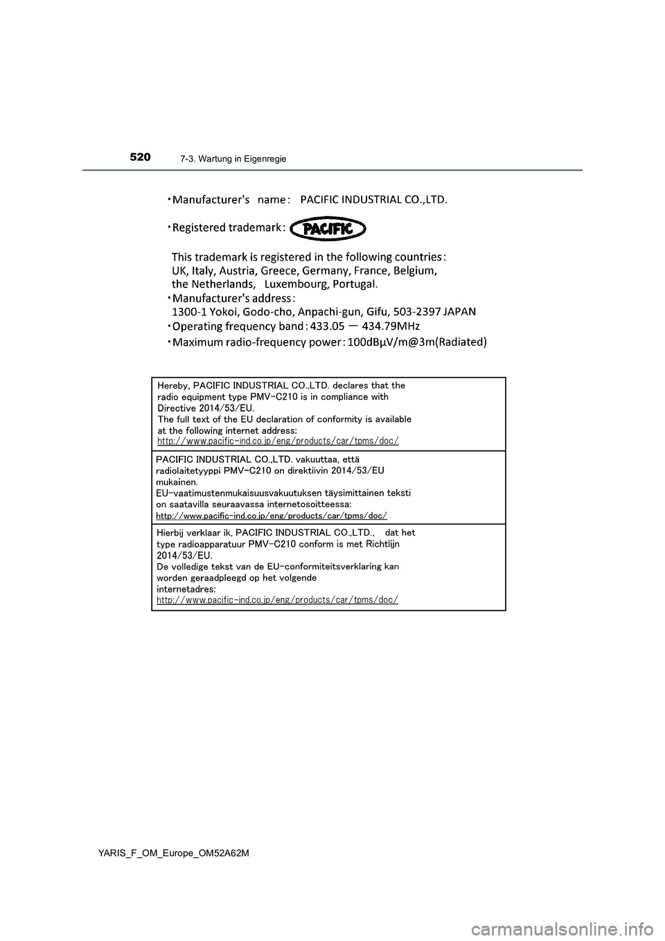 TOYOTA YARIS 2020  Betriebsanleitungen (in German) 5207-3. Wartung in Eigenregie
YARIS_F_OM_Europe_OM52A62M 
