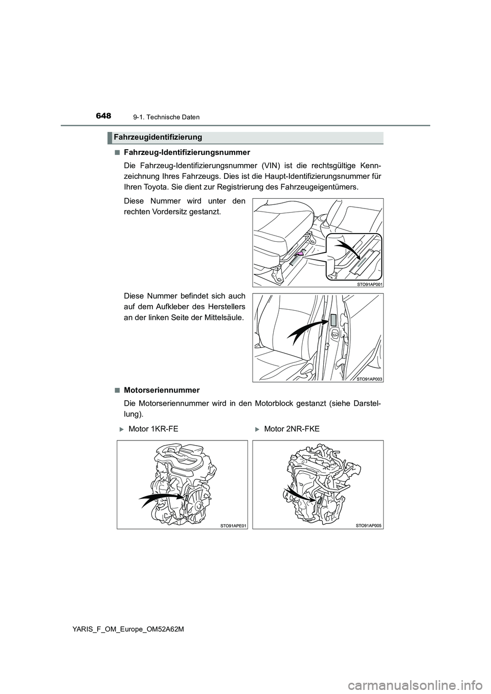 TOYOTA YARIS 2020  Betriebsanleitungen (in German) 6489-1. Technische Daten
YARIS_F_OM_Europe_OM52A62M■
Fahrzeug-Identifizierungsnummer
Die Fahrzeug-Identifizierungsnummer (VIN) ist die rechtsgültige Kenn-
zeichnung Ihres Fahrzeugs. Dies ist die Ha