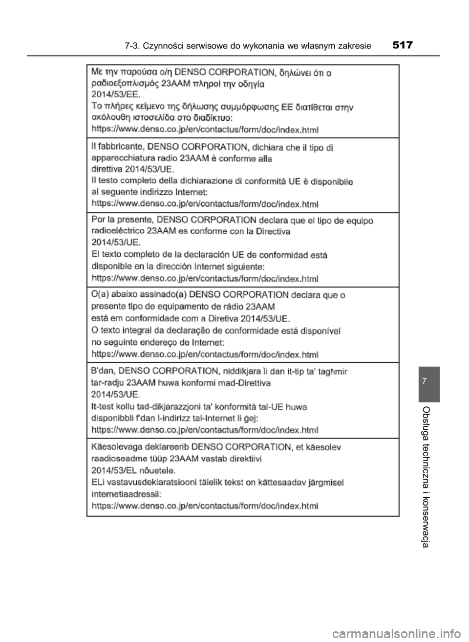 TOYOTA YARIS 2020  Instrukcja obsługi (in Polish) 7-3. CzynnoÊci serwisowe do wykonania we w∏asnym zakresie517
7
Obs∏uga techniczna i konserwacja
10 YARIS OM52A54E  8/4/19  11:07  Page 517    (Black plate) 