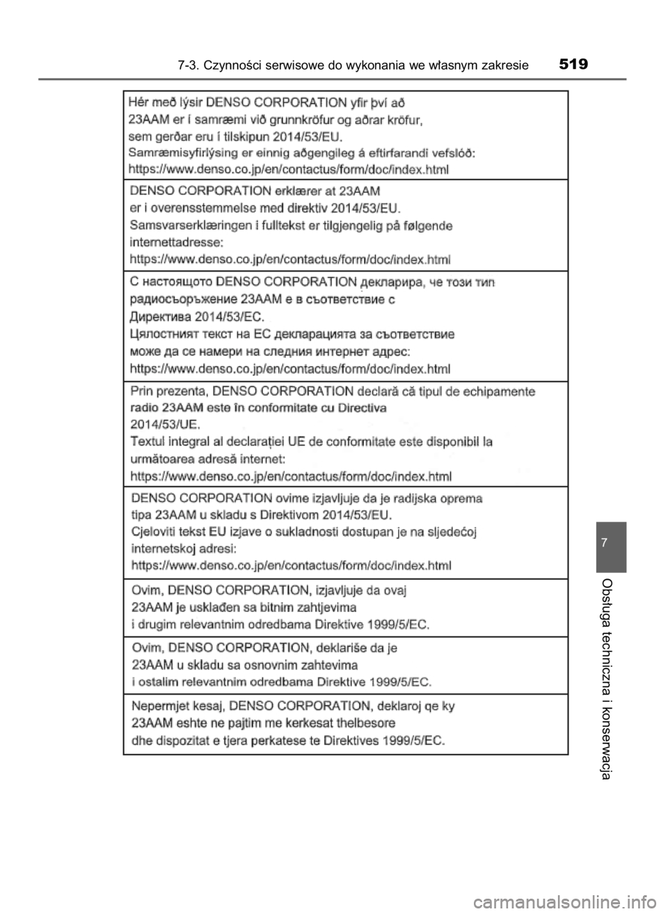 TOYOTA YARIS 2020  Instrukcja obsługi (in Polish) 7-3. CzynnoÊci serwisowe do wykonania we w∏asnym zakresie519
7
Obs∏uga techniczna i konserwacja
10 YARIS OM52A54E  8/4/19  11:07  Page 519    (Black plate) 