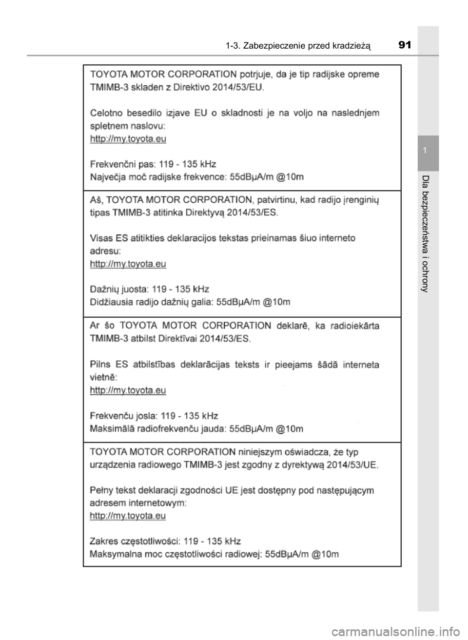 TOYOTA YARIS 2020  Instrukcja obsługi (in Polish) 1-3. Zabezpieczenie przed kradzie˝à91
1
Dla bezpieczeƒstwa i ochrony
10 YARIS OM52A54E  8/4/19  11:05  Page 91    (Black plate) 