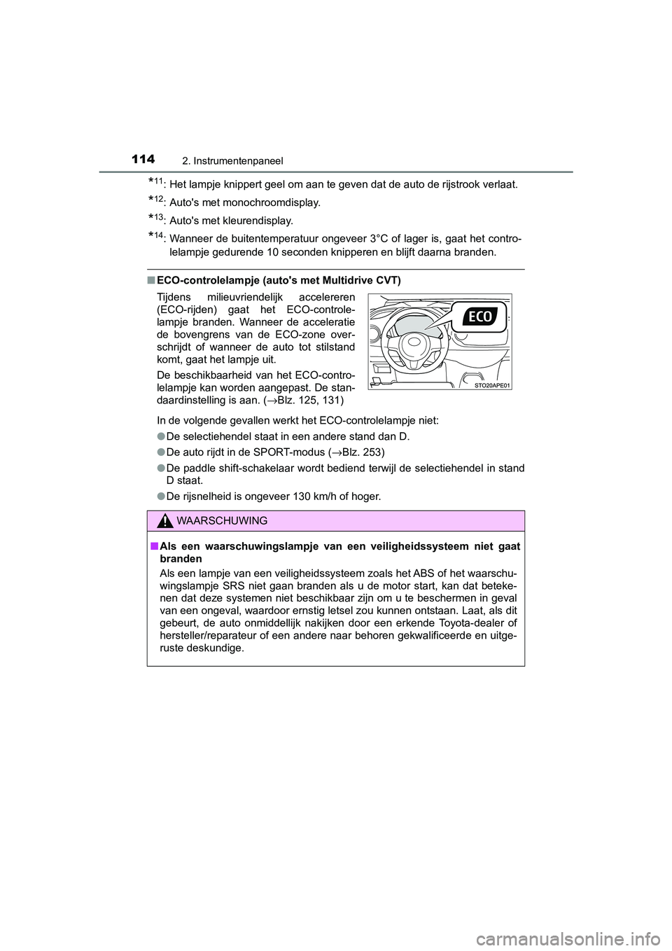 TOYOTA YARIS 2020 Instructieboekje (in Dutch) 1142. Instrumentenpaneel
YARIS_F_OM_Europe_OM52A54E
*11: Het lampje knippert geel om aan te geven dat de auto de rijstrook verlaat.
*12: Auto's met monochroomdisplay.
*13: Auto's met kleurendi TOYOTA YARIS 2020 Instructieboekje (in Dutch) 1142. Instrumentenpaneel
YARIS_F_OM_Europe_OM52A54E
*11: Het lampje knippert geel om aan te geven dat de auto de rijstrook verlaat.
*12: Auto's met monochroomdisplay.
*13: Auto's met kleurendi