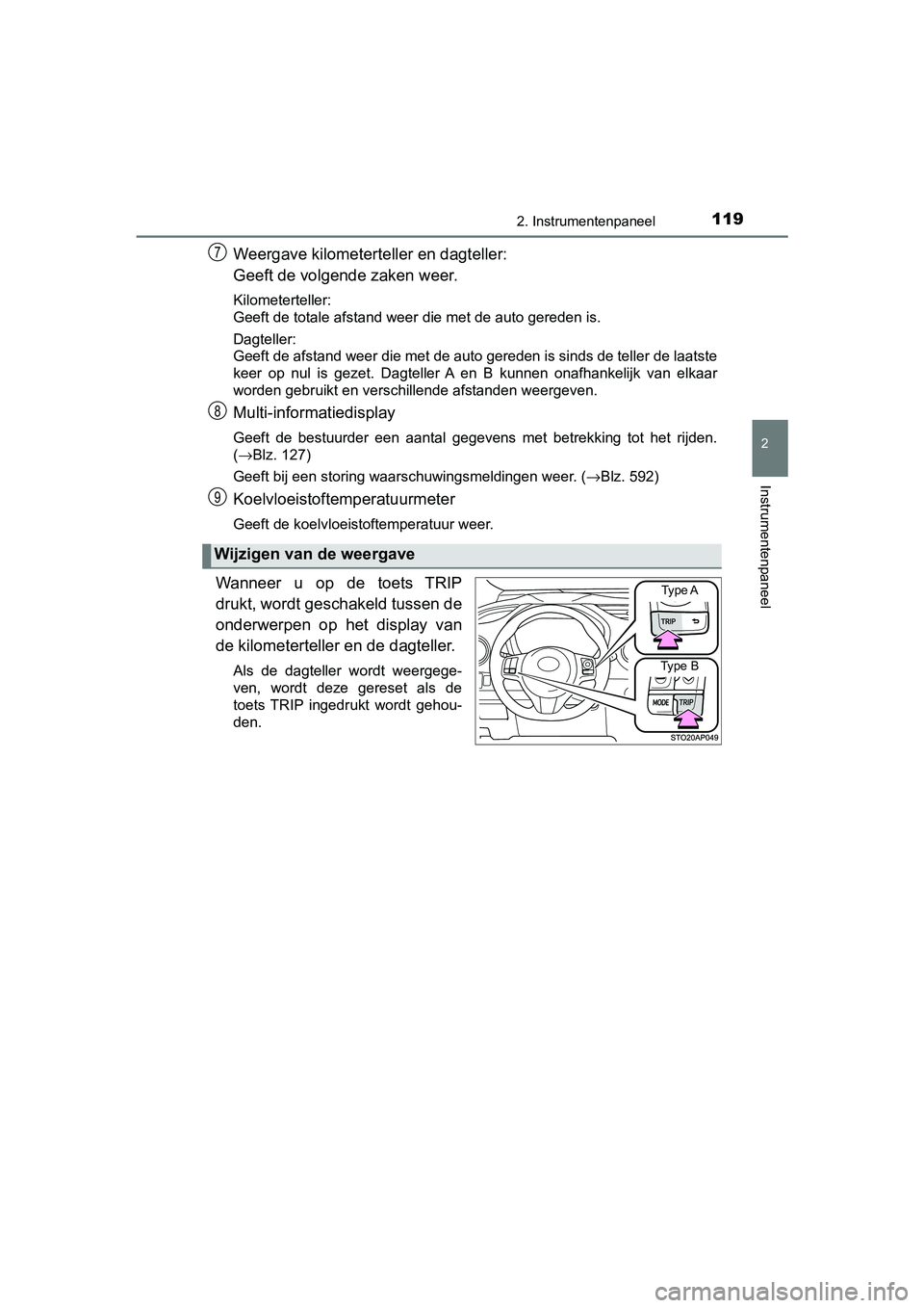 TOYOTA YARIS 2020 Instructieboekje (in Dutch) 1192. Instrumentenpaneel
2
Instrumentenpaneel
YARIS_F_OM_Europe_OM52A54E
Weergave kilometerteller en dagteller:
Geeft de volgende zaken weer.
Kilometerteller:
Geeft de totale afstand weer die met de a TOYOTA YARIS 2020 Instructieboekje (in Dutch) 1192. Instrumentenpaneel
2
Instrumentenpaneel
YARIS_F_OM_Europe_OM52A54E
Weergave kilometerteller en dagteller:
Geeft de volgende zaken weer.
Kilometerteller:
Geeft de totale afstand weer die met de a