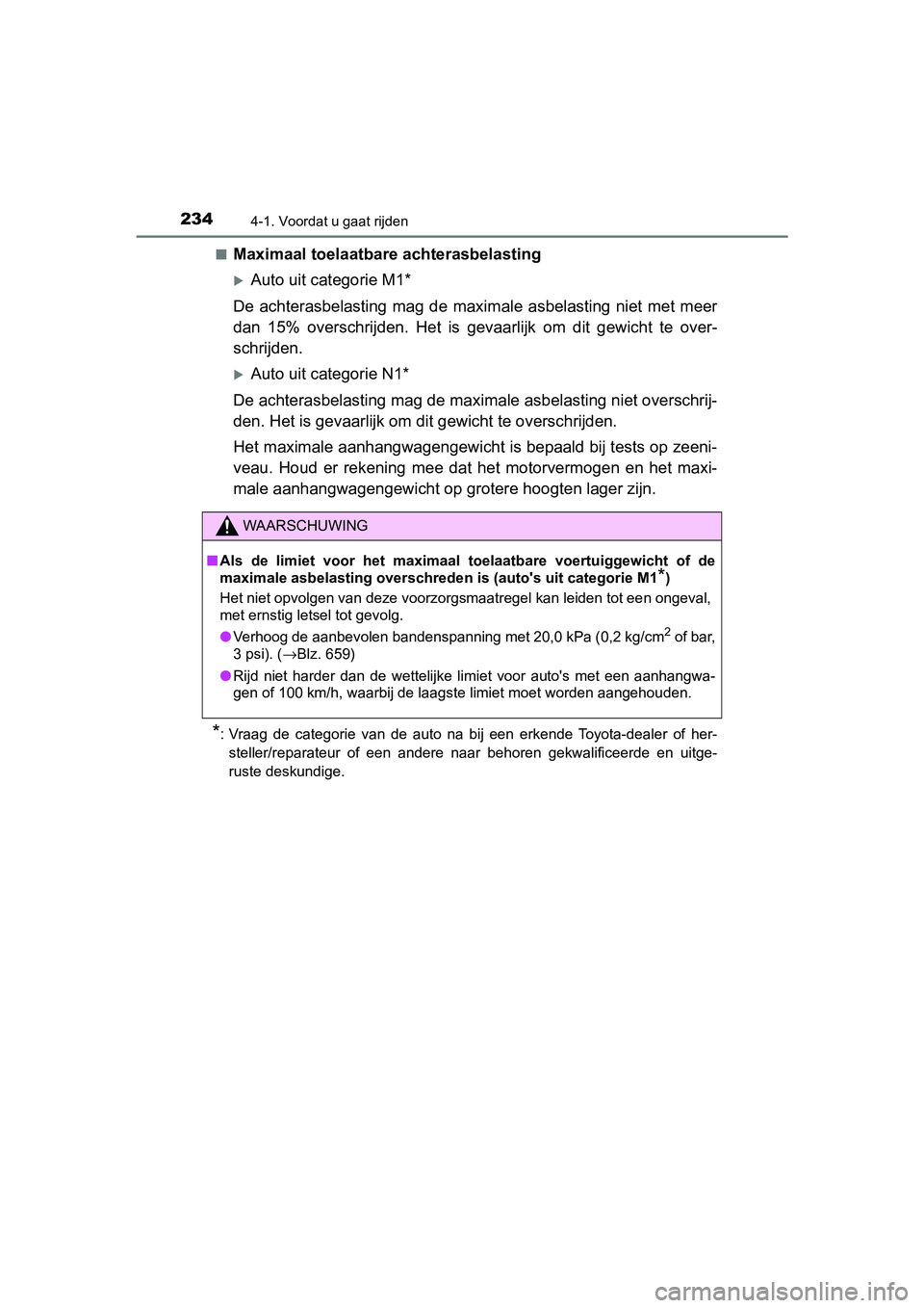 TOYOTA YARIS 2020 Instructieboekje (in Dutch) 2344-1. Voordat u gaat rijden
YARIS_F_OM_Europe_OM52A54E■
Maximaal toelaatbare achterasbelasting
Auto uit categorie M1*
De achterasbelasting mag de maximale asbelasting niet met meer
dan 15% TOYOTA YARIS 2020 Instructieboekje (in Dutch) 2344-1. Voordat u gaat rijden
YARIS_F_OM_Europe_OM52A54E■
Maximaal toelaatbare achterasbelasting
Auto uit categorie M1*
De achterasbelasting mag de maximale asbelasting niet met meer
dan 15%