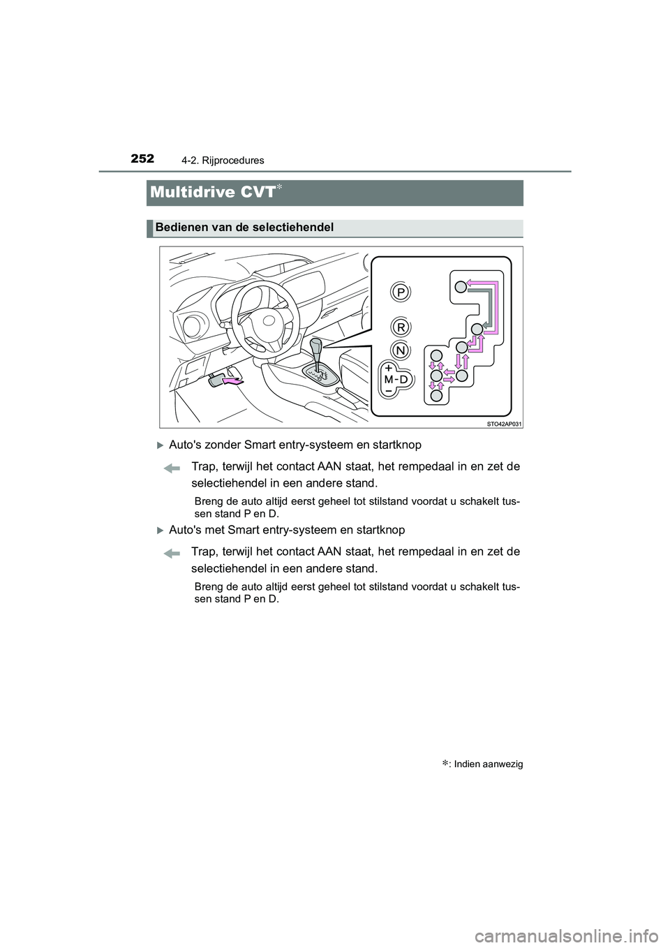 TOYOTA YARIS 2020  Instructieboekje (in Dutch) 2524-2. Rijprocedures
YARIS_F_OM_Europe_OM52A54E
Multidrive CVT∗
Auto's zonder Smart entry-systeem en startknop
Trap, terwijl het contact AAN staat, het rempedaal in en zet de
selectiehendel 