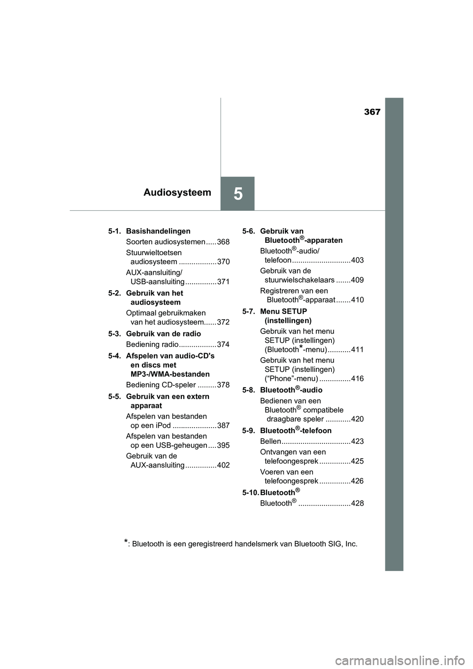 TOYOTA YARIS 2020 Instructieboekje (in Dutch) 367
5Audiosysteem
YARIS_F_OM_Europe_OM52A54E5-1. Basishandelingen
Soorten audiosystemen ..... 368
Stuurwieltoetsen
audiosysteem .................. 370
AUX-aansluiting/
USB-aansluiting ............... TOYOTA YARIS 2020 Instructieboekje (in Dutch) 367
5Audiosysteem
YARIS_F_OM_Europe_OM52A54E5-1. Basishandelingen
Soorten audiosystemen ..... 368
Stuurwieltoetsen
audiosysteem .................. 370
AUX-aansluiting/
USB-aansluiting ...............