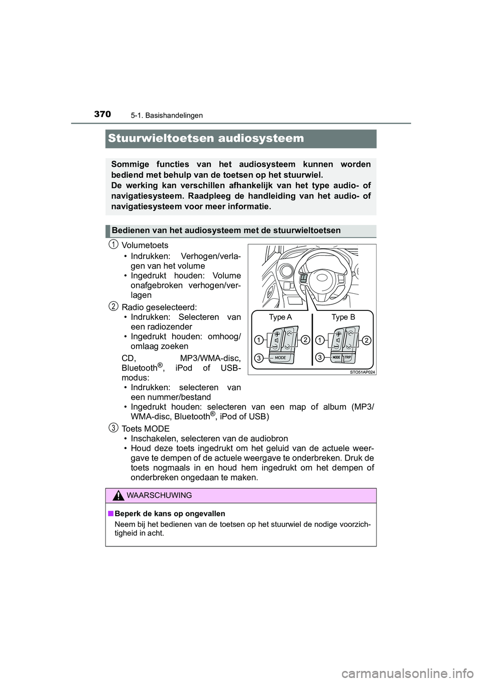 TOYOTA YARIS 2020 Instructieboekje (in Dutch) 3705-1. Basishandelingen
YARIS_F_OM_Europe_OM52A54E
Stuurwieltoetsen audiosysteem
Vo l u m e t o e t s
• Indrukken: Verhogen/verla-
gen van het volume
• Ingedrukt houden: Volume
onafgebroken v TOYOTA YARIS 2020 Instructieboekje (in Dutch) 3705-1. Basishandelingen
YARIS_F_OM_Europe_OM52A54E
Stuurwieltoetsen audiosysteem
Vo l u m e t o e t s
• Indrukken: Verhogen/verla-
gen van het volume
• Ingedrukt houden: Volume
onafgebroken v