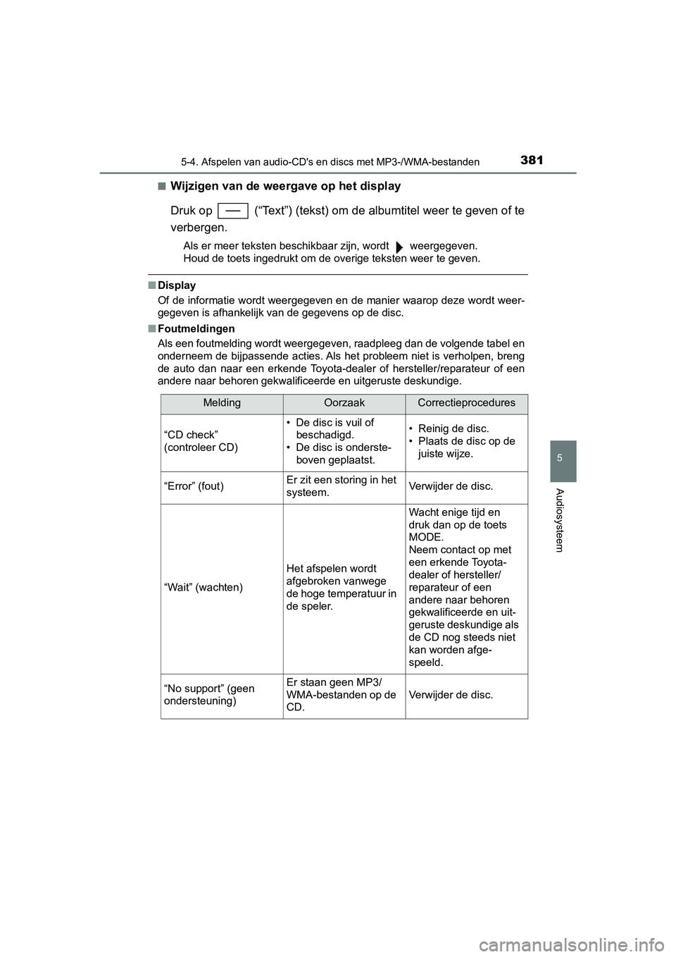 TOYOTA YARIS 2020 Instructieboekje (in Dutch) 3815-4. Afspelen van audio-CD's en discs met MP3-/WMA-bestanden
5
Audiosysteem
YARIS_F_OM_Europe_OM52A54E■
Wijzigen van de weergave op het display
Druk op (“Text”) (tekst) om de albumtitel TOYOTA YARIS 2020 Instructieboekje (in Dutch) 3815-4. Afspelen van audio-CD's en discs met MP3-/WMA-bestanden
5
Audiosysteem
YARIS_F_OM_Europe_OM52A54E■
Wijzigen van de weergave op het display
Druk op (“Text”) (tekst) om de albumtitel