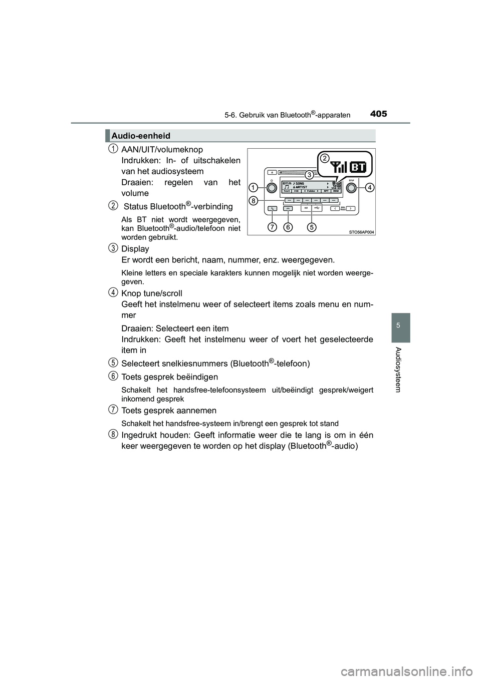 TOYOTA YARIS 2020 Instructieboekje (in Dutch) 4055-6. Gebruik van Bluetooth®-apparaten
5
Audiosysteem
YARIS_F_OM_Europe_OM52A54E
AAN/UIT/volumeknop
Indrukken: In- of uitschakelen
van het audiosysteem
Draaien: regelen van het
volume
Status TOYOTA YARIS 2020 Instructieboekje (in Dutch) 4055-6. Gebruik van Bluetooth®-apparaten
5
Audiosysteem
YARIS_F_OM_Europe_OM52A54E
AAN/UIT/volumeknop
Indrukken: In- of uitschakelen
van het audiosysteem
Draaien: regelen van het
volume
Status