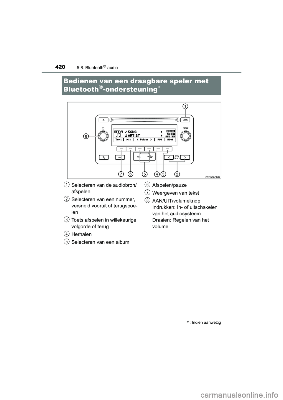 TOYOTA YARIS 2020  Instructieboekje (in Dutch) 4205-8. Bluetooth®-audio
YARIS_F_OM_Europe_OM52A54E
Bedienen van een draagbare speler met 
Bluetooth
®-ondersteuning∗
∗: Indien aanwezig
Selecteren van de audiobron/
afspelen
Selecteren van een 