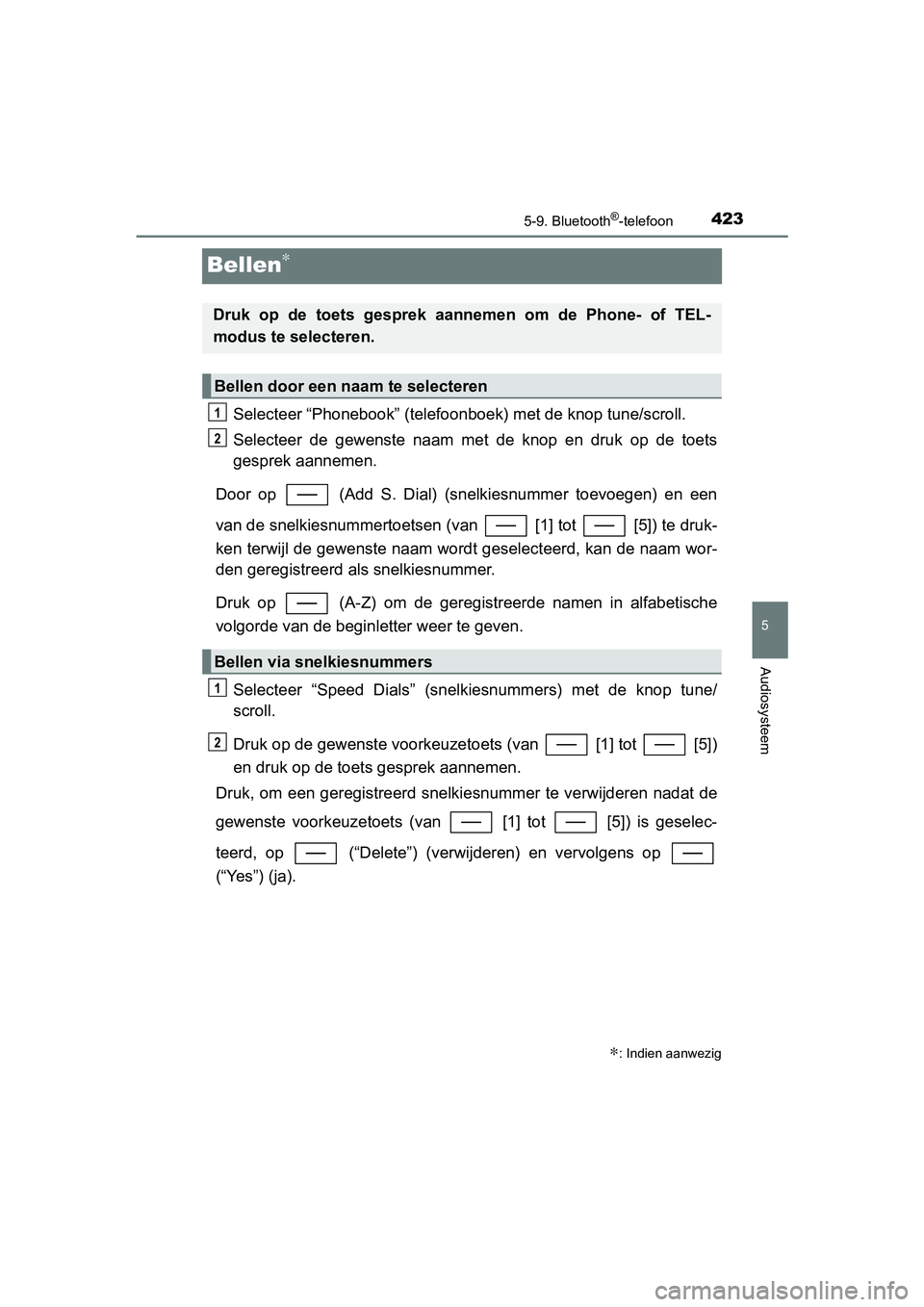 TOYOTA YARIS 2020 Instructieboekje (in Dutch) 4235-9. Bluetooth®-telefoon
5
Audiosysteem
YARIS_F_OM_Europe_OM52A54E
Bellen∗
Selecteer “Phonebook” (telefoonboek) met de knop tune/scroll.
Selecteer de gewenste naam met de knop en dru TOYOTA YARIS 2020 Instructieboekje (in Dutch) 4235-9. Bluetooth®-telefoon
5
Audiosysteem
YARIS_F_OM_Europe_OM52A54E
Bellen∗
Selecteer “Phonebook” (telefoonboek) met de knop tune/scroll.
Selecteer de gewenste naam met de knop en dru