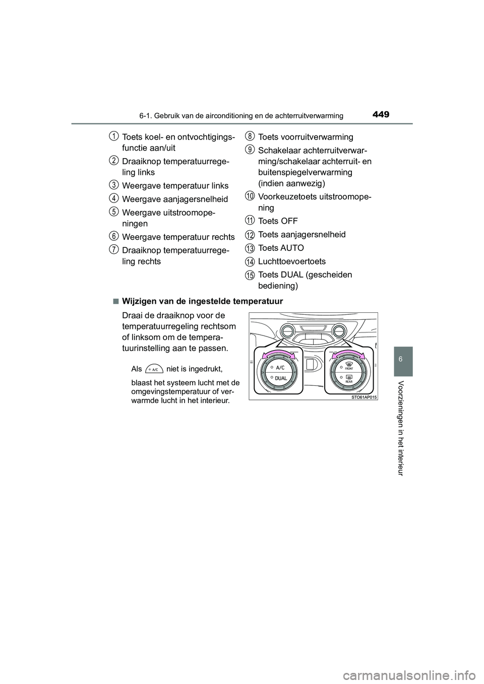 TOYOTA YARIS 2020 Instructieboekje (in Dutch) 4496-1. Gebruik van de airconditioning en de achterruitverwarming
6
Voorzieningen in het interieur
YARIS_F_OM_Europe_OM52A54E■
Wijzigen van de ingestelde temperatuur
Draai de draaiknop voor de
temp TOYOTA YARIS 2020 Instructieboekje (in Dutch) 4496-1. Gebruik van de airconditioning en de achterruitverwarming
6
Voorzieningen in het interieur
YARIS_F_OM_Europe_OM52A54E■
Wijzigen van de ingestelde temperatuur
Draai de draaiknop voor de
temp