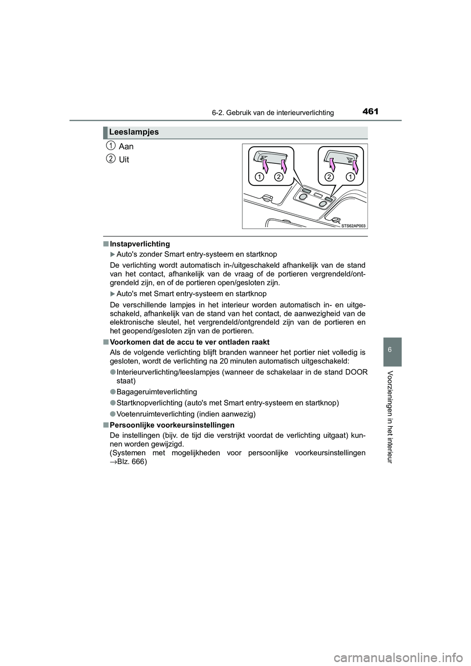 TOYOTA YARIS 2020 Instructieboekje (in Dutch) 4616-2. Gebruik van de interieurverlichting
6
Voorzieningen in het interieur
YARIS_F_OM_Europe_OM52A54E
Aan
Uit
■Instapverlichting
Auto's zonder Smart entry-systeem en startknop
De verlichti TOYOTA YARIS 2020 Instructieboekje (in Dutch) 4616-2. Gebruik van de interieurverlichting
6
Voorzieningen in het interieur
YARIS_F_OM_Europe_OM52A54E
Aan
Uit
■Instapverlichting
Auto's zonder Smart entry-systeem en startknop
De verlichti