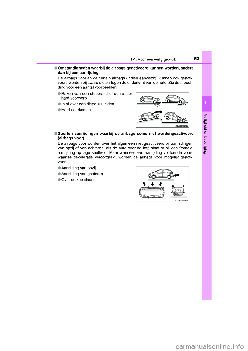 TOYOTA YARIS 2020 Instructieboekje (in Dutch) 531-1. Voor een veilig gebruik
1
Veiligheid en beveiliging
YARIS_F_OM_Europe_OM52A54E■Omstandigheden waarbij de airbags geactiveerd kunnen worden, anders
dan bij een aanrijding
De airbags voor en TOYOTA YARIS 2020 Instructieboekje (in Dutch) 531-1. Voor een veilig gebruik
1
Veiligheid en beveiliging
YARIS_F_OM_Europe_OM52A54E■Omstandigheden waarbij de airbags geactiveerd kunnen worden, anders
dan bij een aanrijding
De airbags voor en