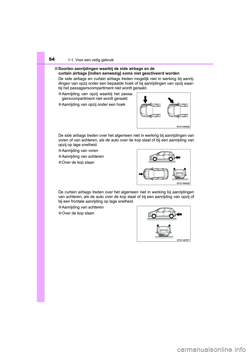 TOYOTA YARIS 2020  Instructieboekje (in Dutch) 541-1. Voor een veilig gebruik
YARIS_F_OM_Europe_OM52A54E■Soorten aanrijdingen waarbij de side airbags en de 
curtain airbags [indien aanwezig] soms niet geactiveerd worden
De  side  airbags  en  cu