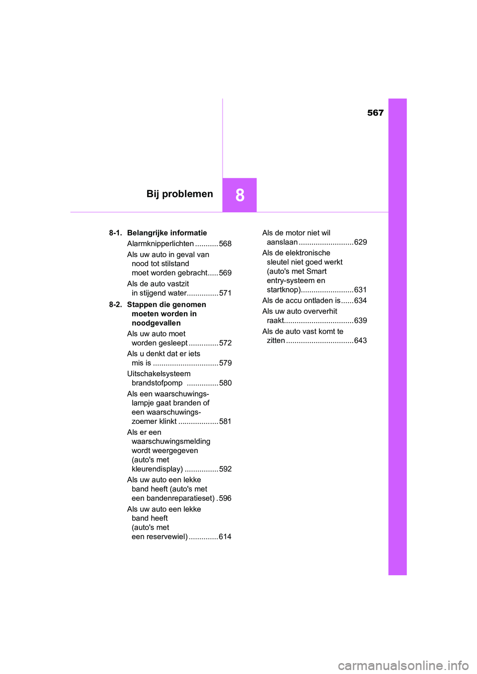 TOYOTA YARIS 2020 Instructieboekje (in Dutch) 567
8Bij problemen
YARIS_F_OM_Europe_OM52A54E8-1. Belangrijke informatie
Alarmknipperlichten ........... 568
Als uw auto in geval van
nood tot stilstand
moet worden gebracht ..... 569
Als de auto va TOYOTA YARIS 2020 Instructieboekje (in Dutch) 567
8Bij problemen
YARIS_F_OM_Europe_OM52A54E8-1. Belangrijke informatie
Alarmknipperlichten ........... 568
Als uw auto in geval van
nood tot stilstand
moet worden gebracht ..... 569
Als de auto va