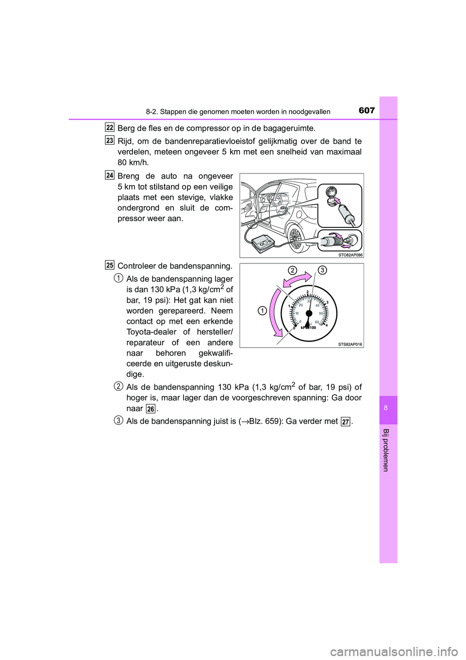 TOYOTA YARIS 2020  Instructieboekje (in Dutch) 6078-2. Stappen die genomen moeten worden in noodgevallen
8
Bij problemen
YARIS_F_OM_Europe_OM52A54E
Berg de fles en de compressor op in de bagageruimte.
Rijd,  om  de  bandenreparatievloeistof  gelij