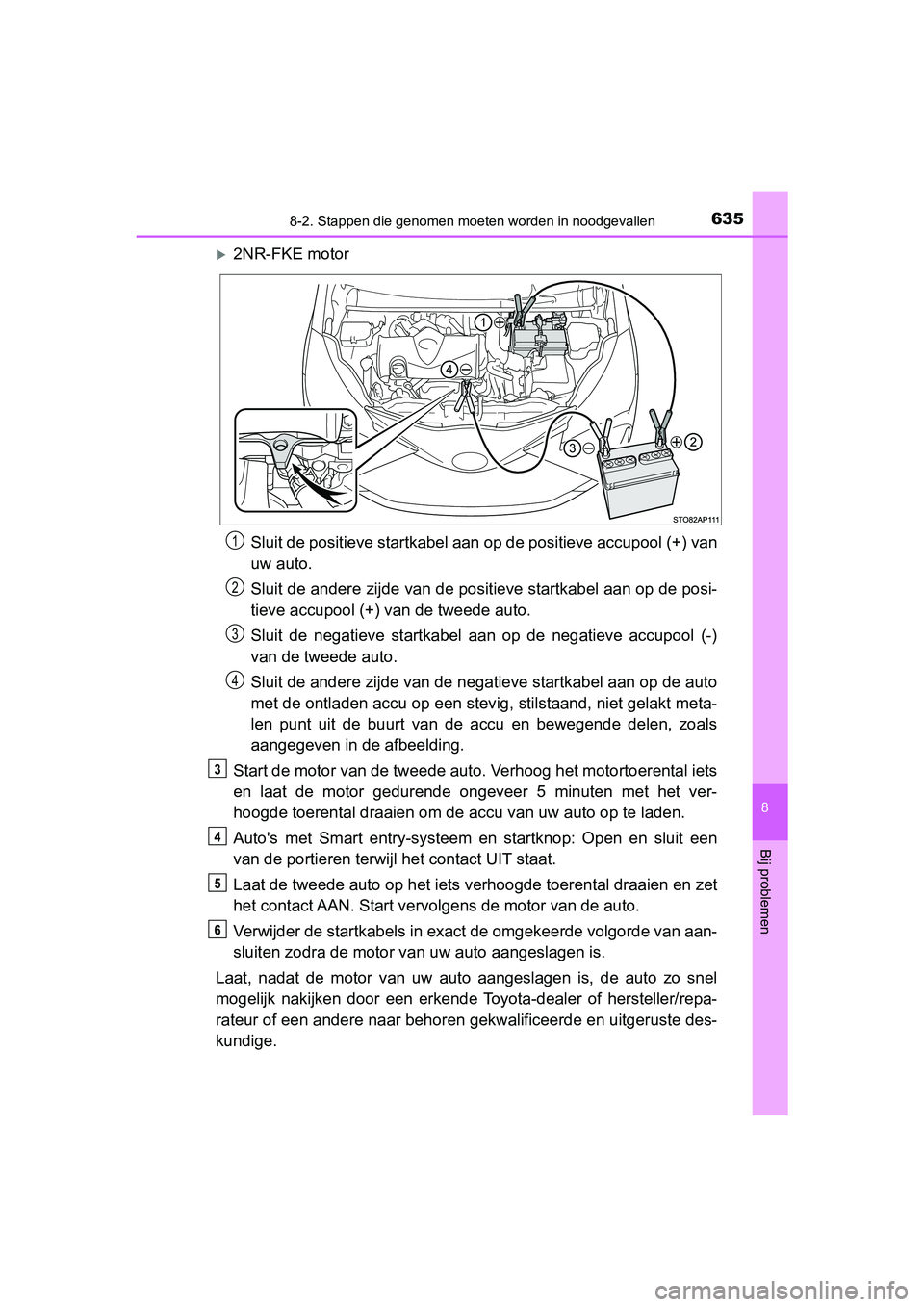 TOYOTA YARIS 2020 Instructieboekje (in Dutch) 6358-2. Stappen die genomen moeten worden in noodgevallen
8
Bij problemen
YARIS_F_OM_Europe_OM52A54E
2NR-FKE motor
Sluit de positieve startkabel aan op de positieve accupool (+) van
uw auto.
Sluit TOYOTA YARIS 2020 Instructieboekje (in Dutch) 6358-2. Stappen die genomen moeten worden in noodgevallen
8
Bij problemen
YARIS_F_OM_Europe_OM52A54E
2NR-FKE motor
Sluit de positieve startkabel aan op de positieve accupool (+) van
uw auto.
Sluit