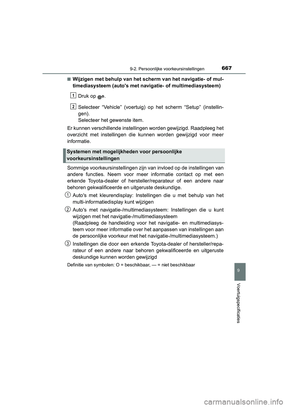 TOYOTA YARIS 2020 Instructieboekje (in Dutch) 6679-2. Persoonlijke voorkeursinstellingen
9
Voertuigspecificaties
YARIS_F_OM_Europe_OM52A54E■
Wijzigen met behulp van het scherm van het navigatie- of mul-
timediasysteem (auto's met navigatie- TOYOTA YARIS 2020 Instructieboekje (in Dutch) 6679-2. Persoonlijke voorkeursinstellingen
9
Voertuigspecificaties
YARIS_F_OM_Europe_OM52A54E■
Wijzigen met behulp van het scherm van het navigatie- of mul-
timediasysteem (auto's met navigatie-