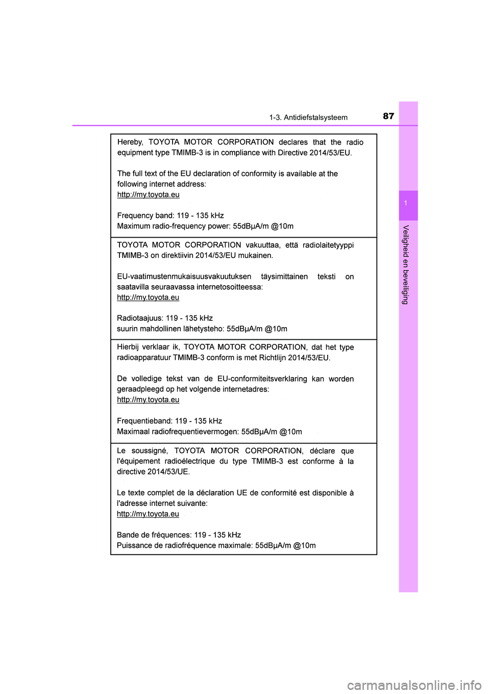 TOYOTA YARIS 2020  Instructieboekje (in Dutch) 871-3. Antidiefstalsysteem
1
Veiligheid en beveiliging
YARIS_F_OM_Europe_OM52A54E
YARIS_F_OM_Europe_OM52A54E.book  Page 87  Friday, February 8, 2019  1:56 PM 
